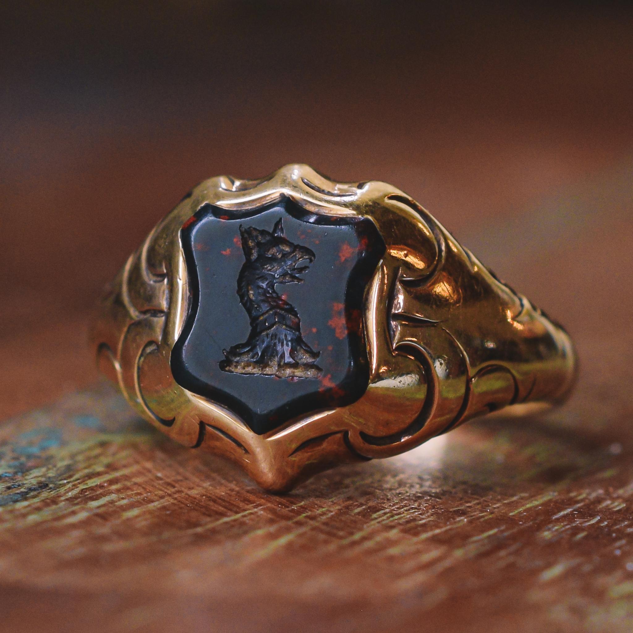 Women's or Men's Antique Victorian Griffin Intaglio Bloodstone Signet Ring