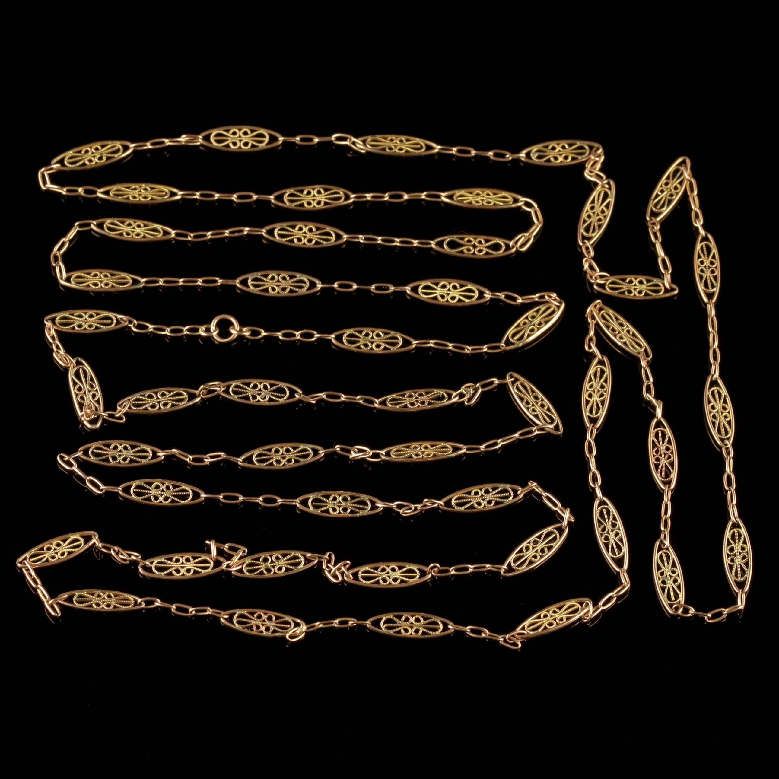 To read more please click continue reading below-

This fabulous long antique guard chain is Victorian, Circa 1900. 

The stunning chain is beautifully made displaying pristine workmanship all round. 

Made up of fancy Silver links gilded in 18ct