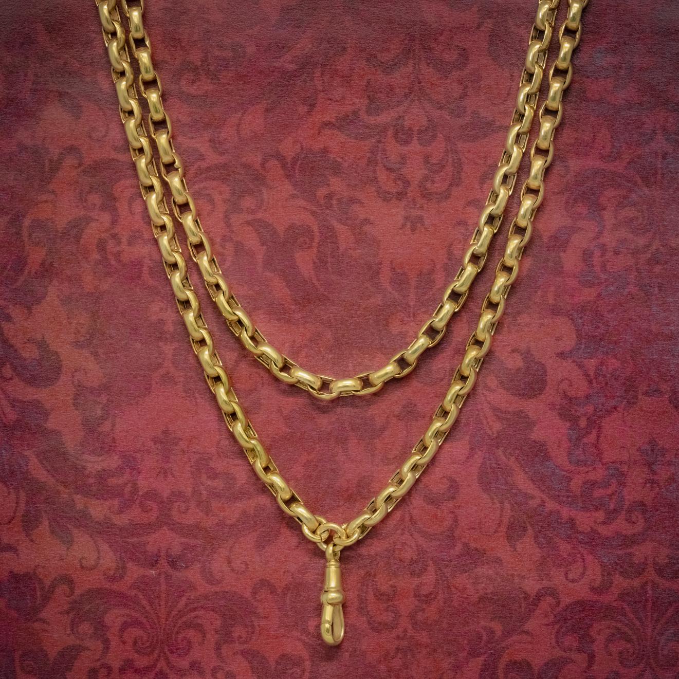 A robust Antique Victorian guard chain made up of strong Silver cable links which have been gilded in 18ct Yellow Gold. 

The chain is complete with a hinged clasp at the end which may have been used to attach a pocket watch or a cylinder of fur
