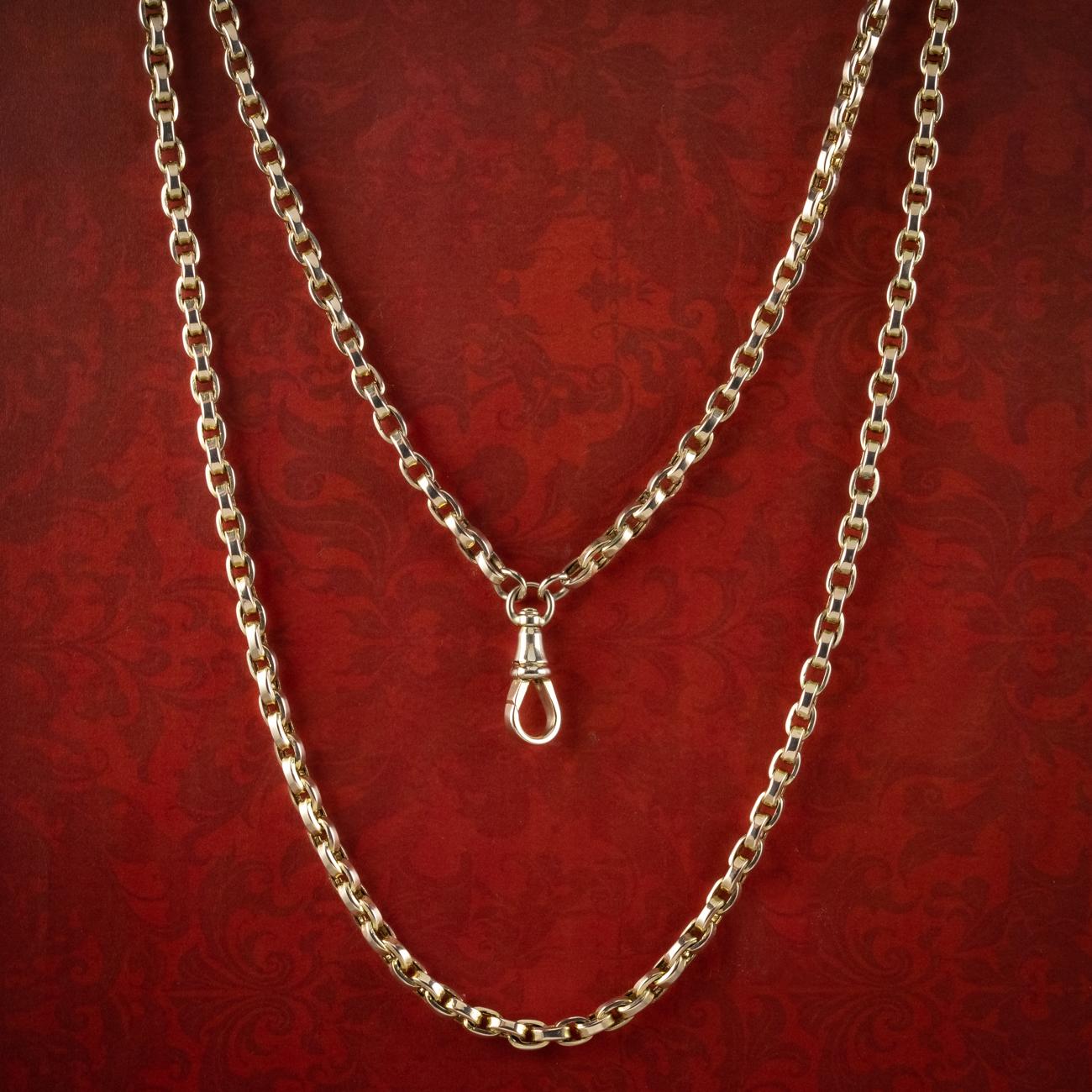 A luxurious antique Victorian guard chain made up of solid cable links fashioned in 9ct gold. Each link is lovely and smooth with a muted golden tone and is fitted with the classic claw clasp at the end.

Guard chains were at the height of
