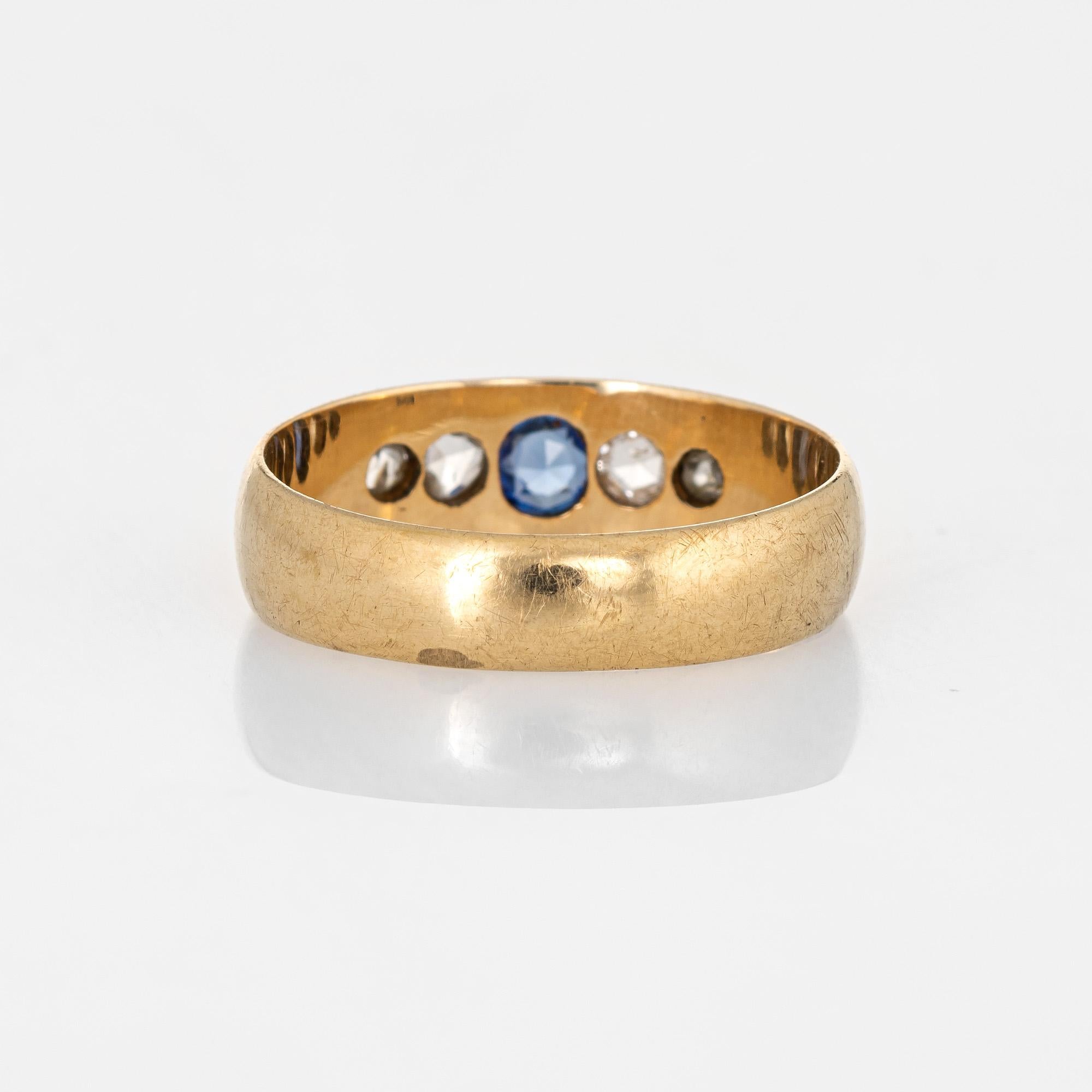 Rose Cut Antique Victorian Gypsy Band Diamond Sapphire 14 Karat Yellow Gold Vintage Ring