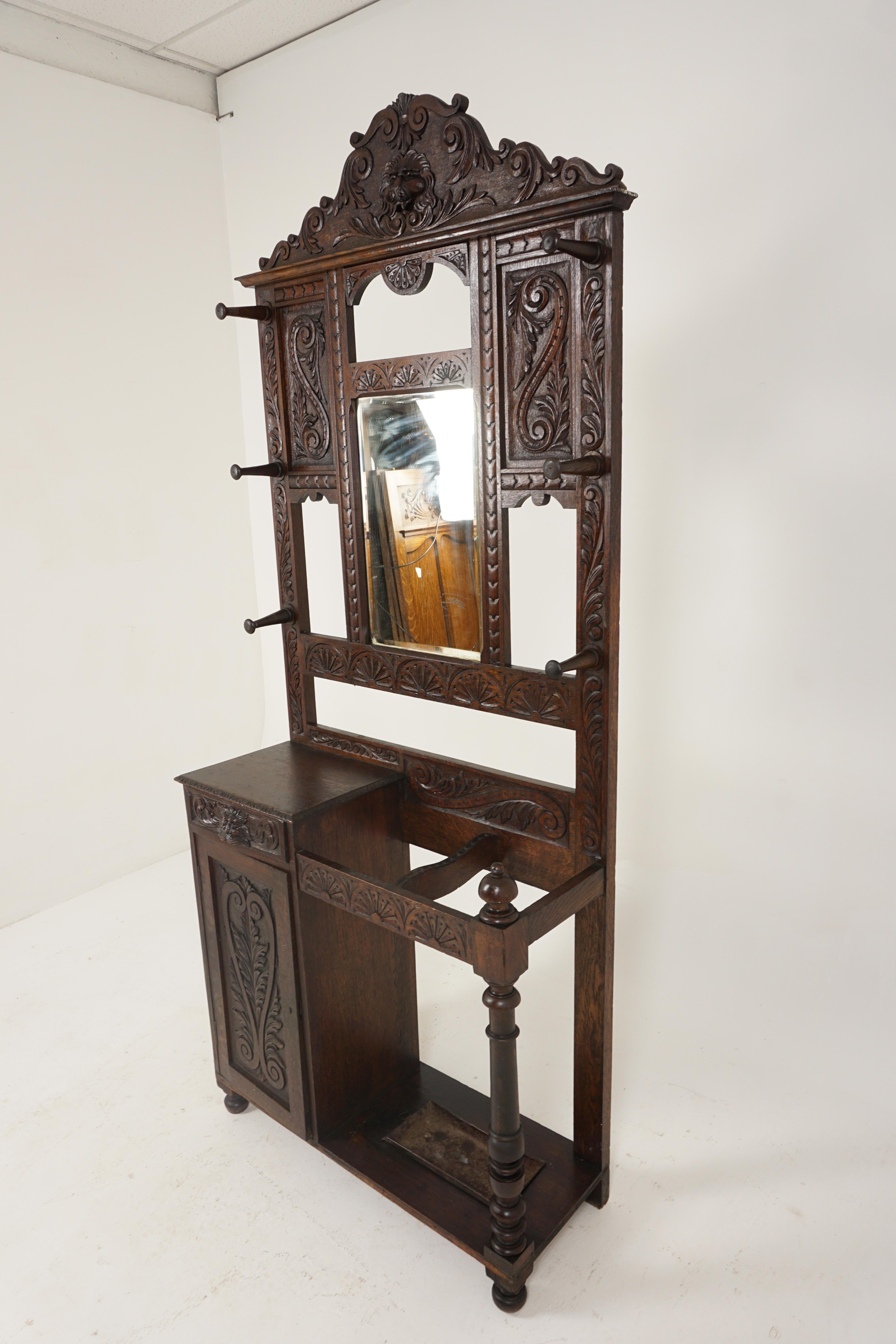 Antique Victorian hall stand, Carved Oak, 