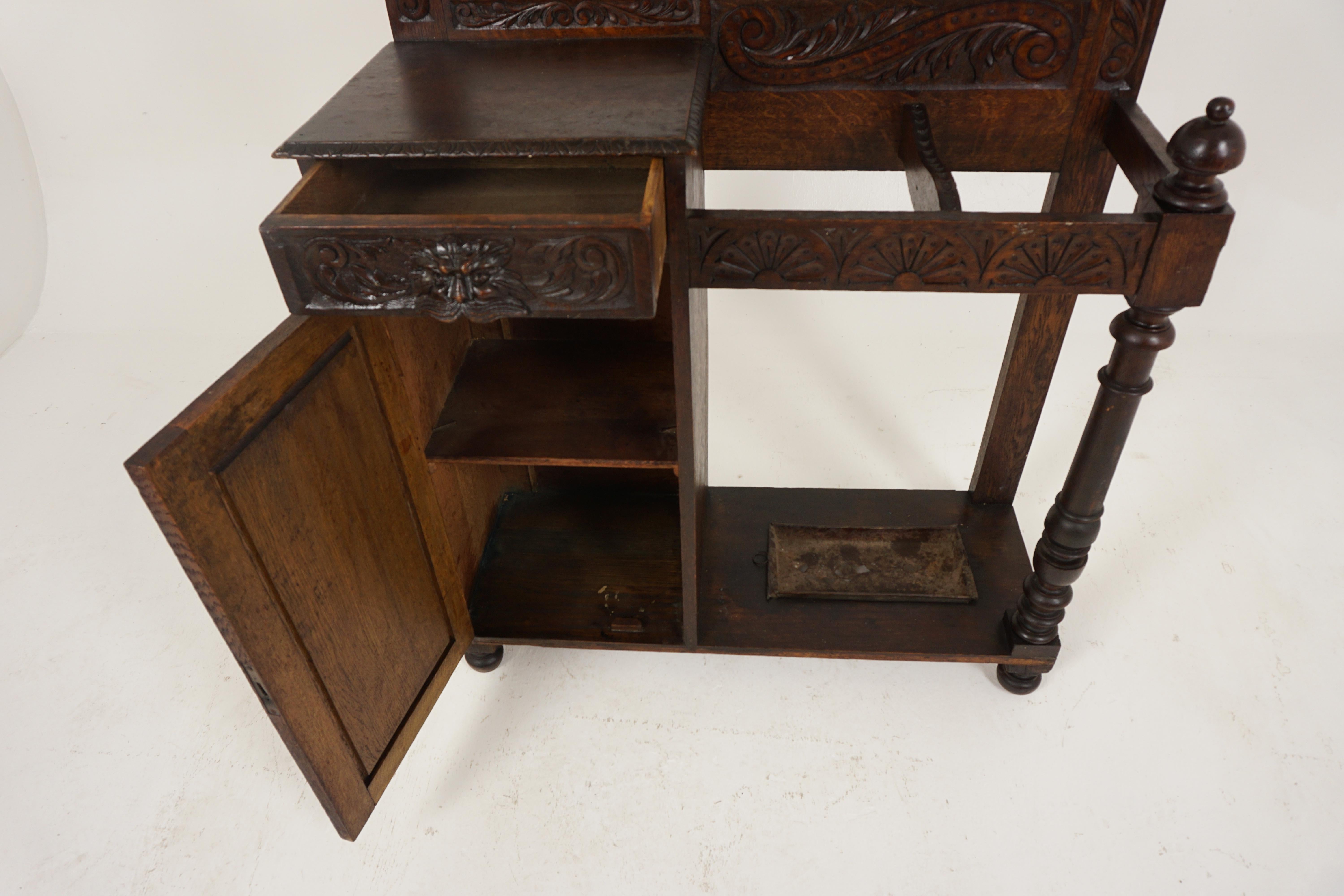 Antique Victorian Hall Stand, Carved Oak, "Green Man", Scotland 1880