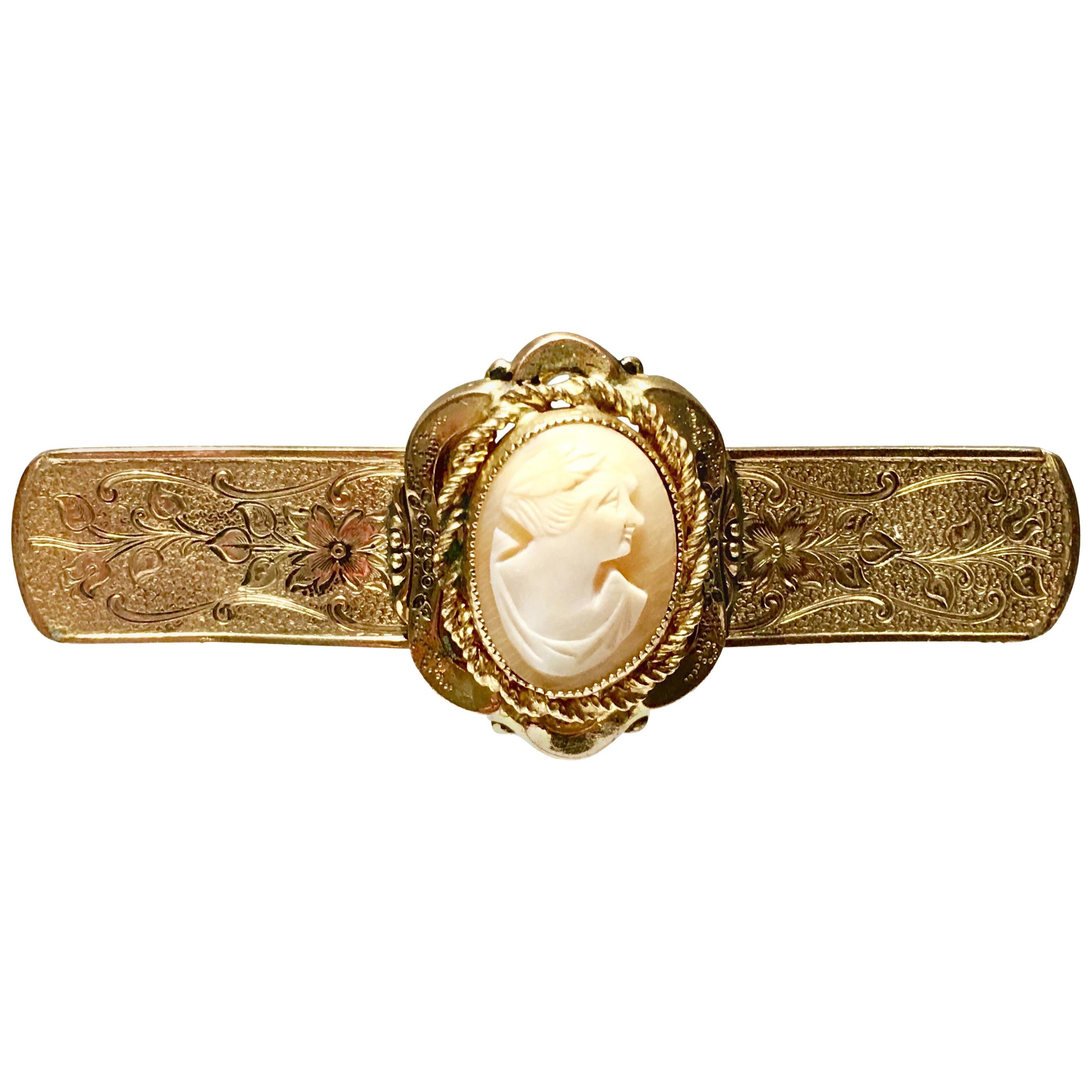 Antique Victorian Hand-Carved Cameo Shell Gold Gilt Brooch For Sale