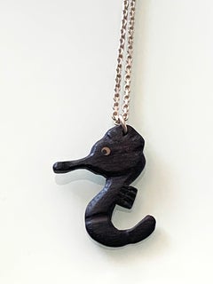 Antique Victorian Hand-Carved Irish Bog Oak Seahorse Pendant on Modern Sterling