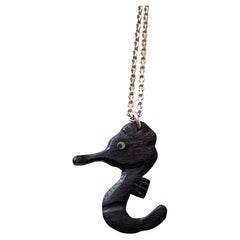 Antique Victorian Hand-Carved Irish Bog Oak Seahorse Pendant on Modern Sterling