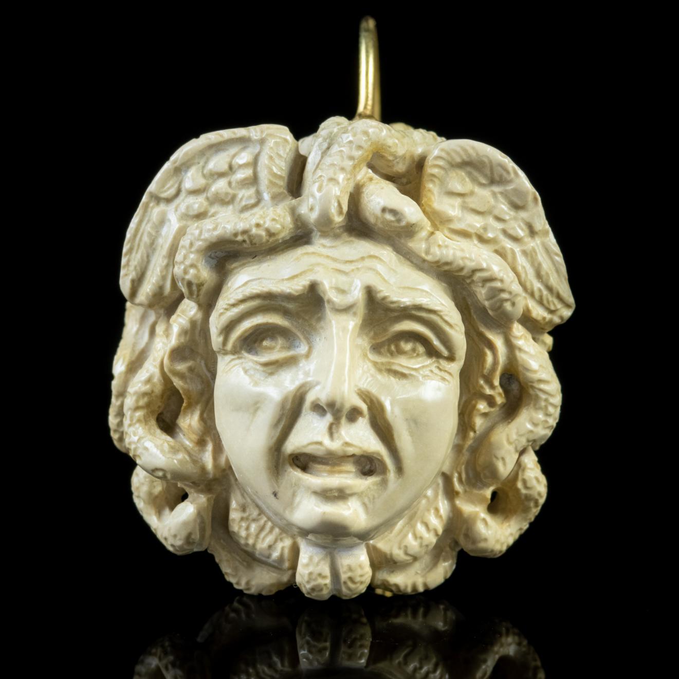 Antique Victorian Hand Carved Lava Stone Medusa Earrings, circa 1850 In Good Condition In Lancaster, Lancashire