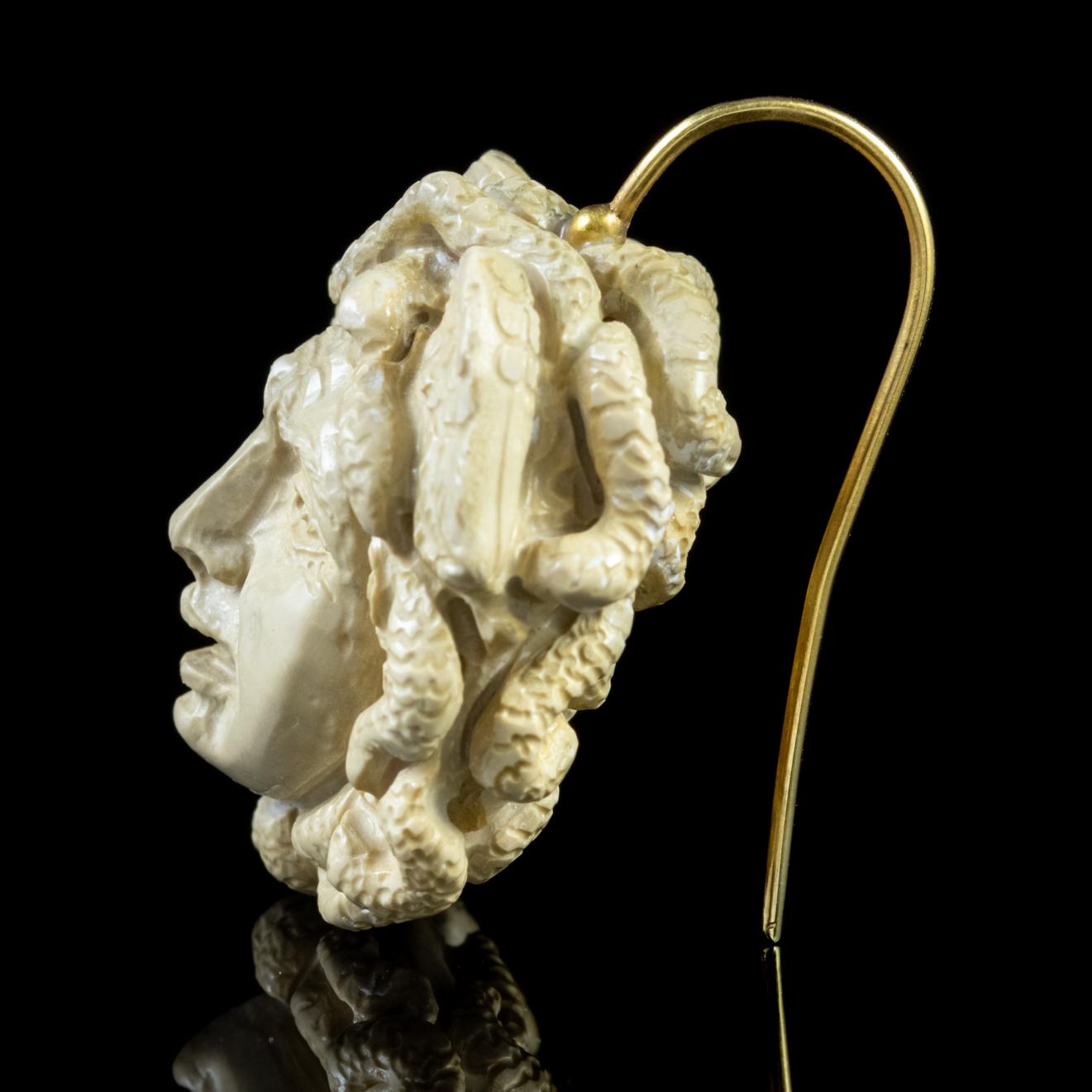 Women's Antique Victorian Hand Carved Lava Stone Medusa Earrings, circa 1850