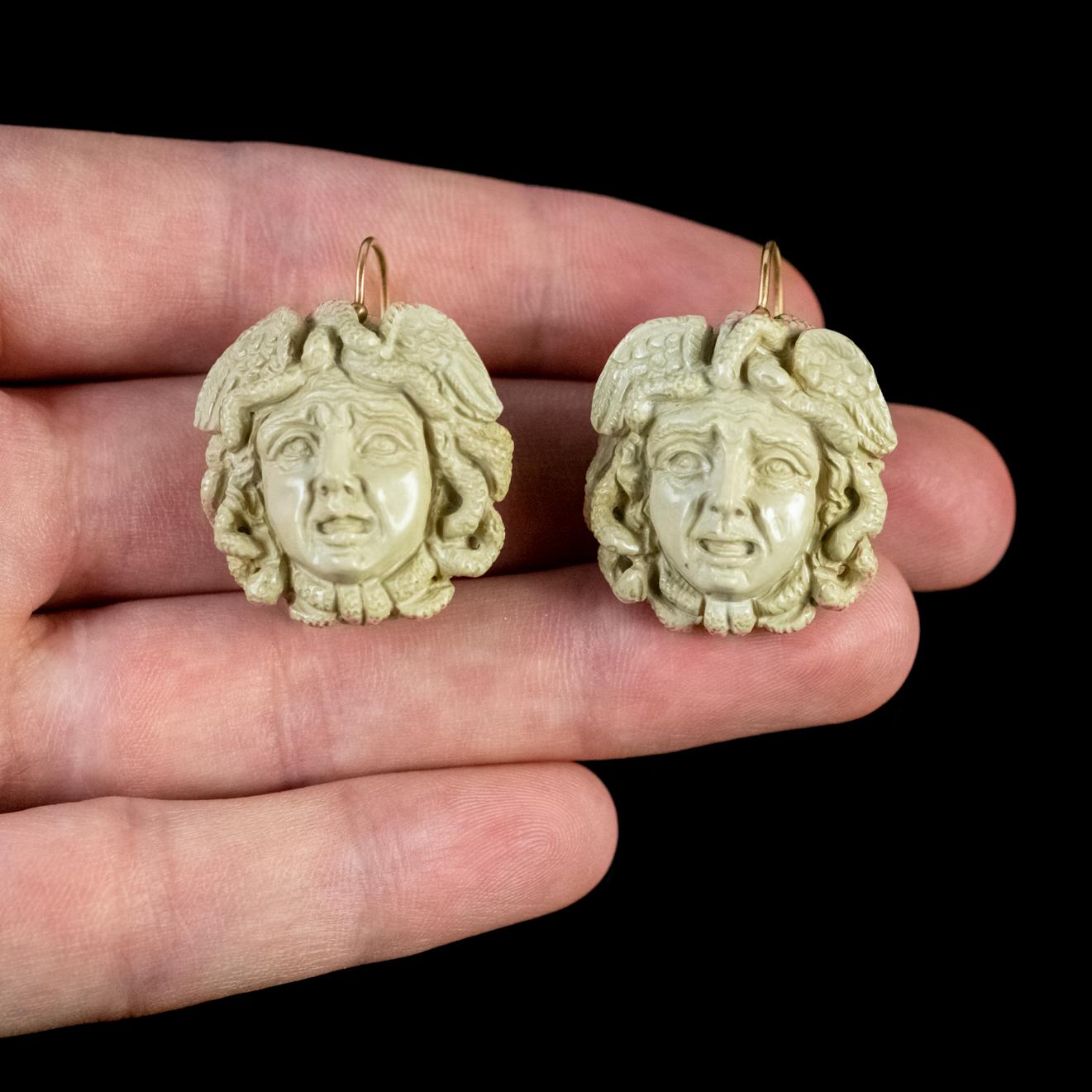Antique Victorian Hand Carved Lava Stone Medusa Earrings, circa 1850 1