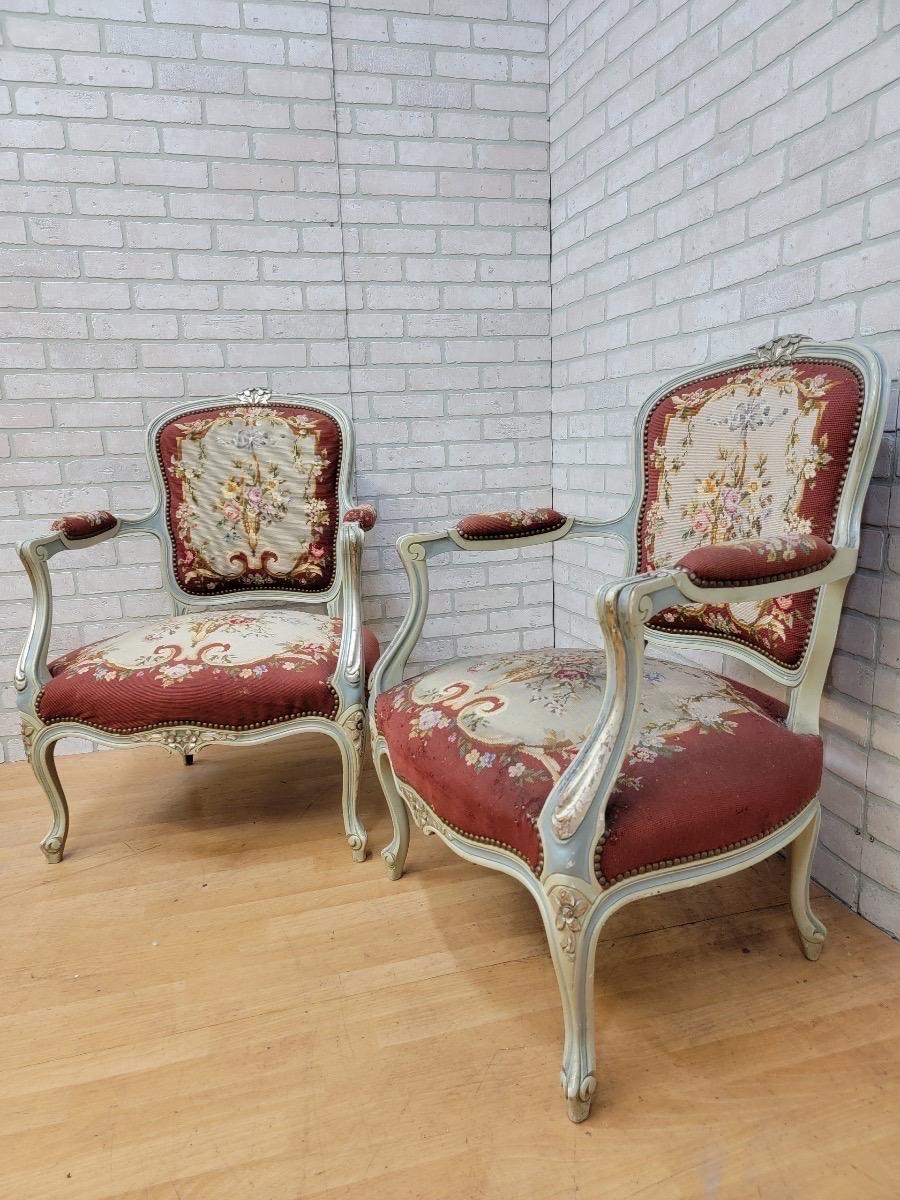 Antique Victorian Hand Carved Parlor Armchairs with Original Needlepoint 3