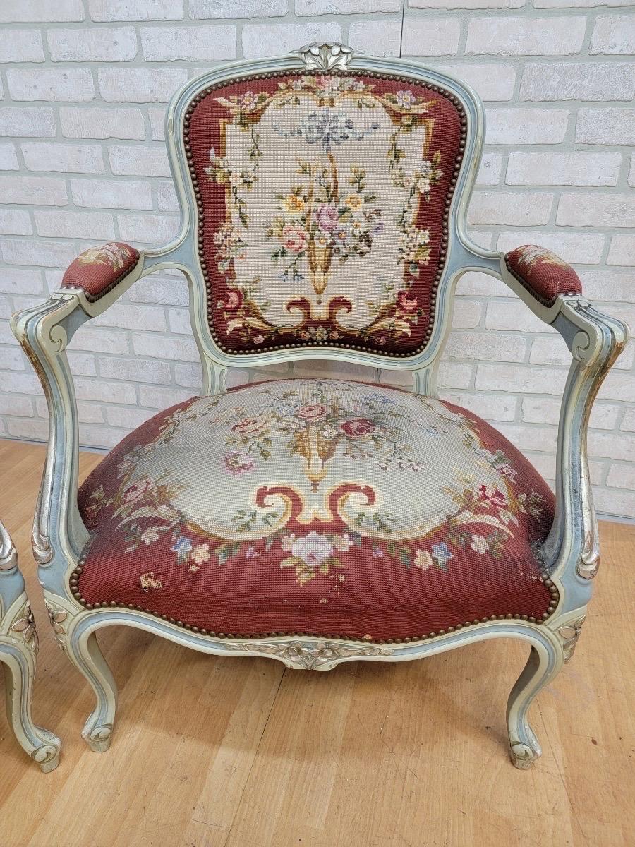 Antique Victorian hand carved parlor armchairs with original needlepoint upholstery - pair.

This is a beautiful Victorian wood armchair with needlepoint upholstery. It features hand carved details, solid wood construction, needlepoint upholstery
