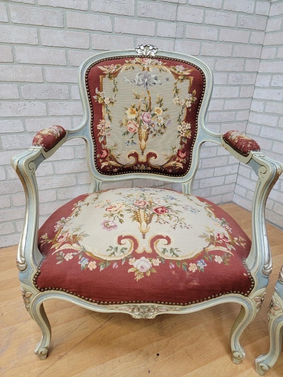 English Antique Victorian Hand Carved Parlor Armchairs with Original Needlepoint