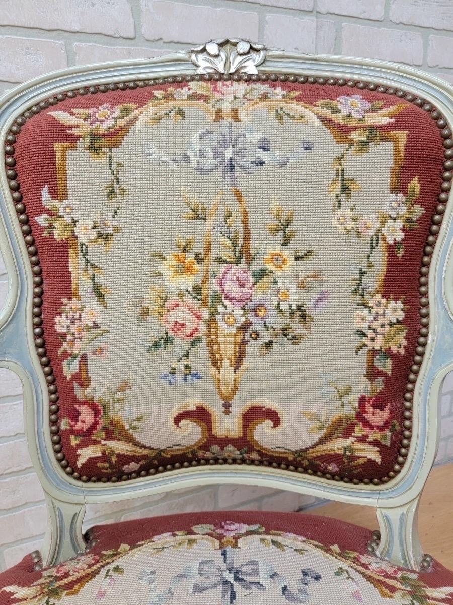 Hand-Carved Antique Victorian Hand Carved Parlor Armchairs with Original Needlepoint