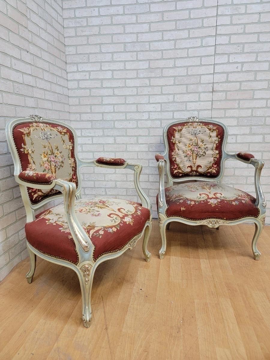 Antique Victorian Hand Carved Parlor Armchairs with Original Needlepoint In Good Condition In Chicago, IL