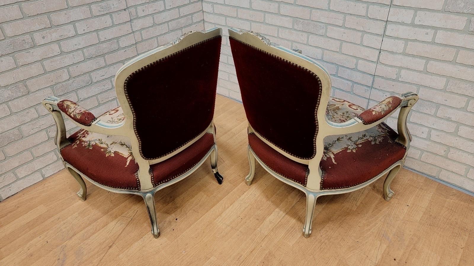 Fabric Antique Victorian Hand Carved Parlor Armchairs with Original Needlepoint