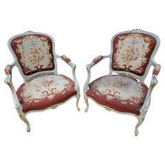 Antique Victorian Hand Carved Parlor Armchairs with Original Needlepoint