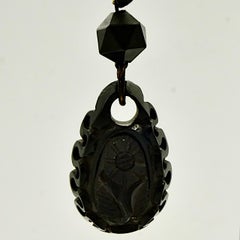Antique Victorian Hand Carved Whitby Jet Flower Drop Earrings Gold Tone Hooks