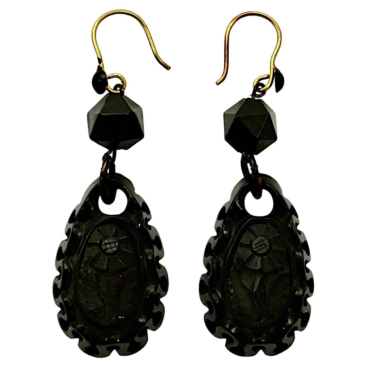 Antique Victorian Hand Carved Whitby Jet Flower Drop Earrings Gold Tone Hooks   For Sale