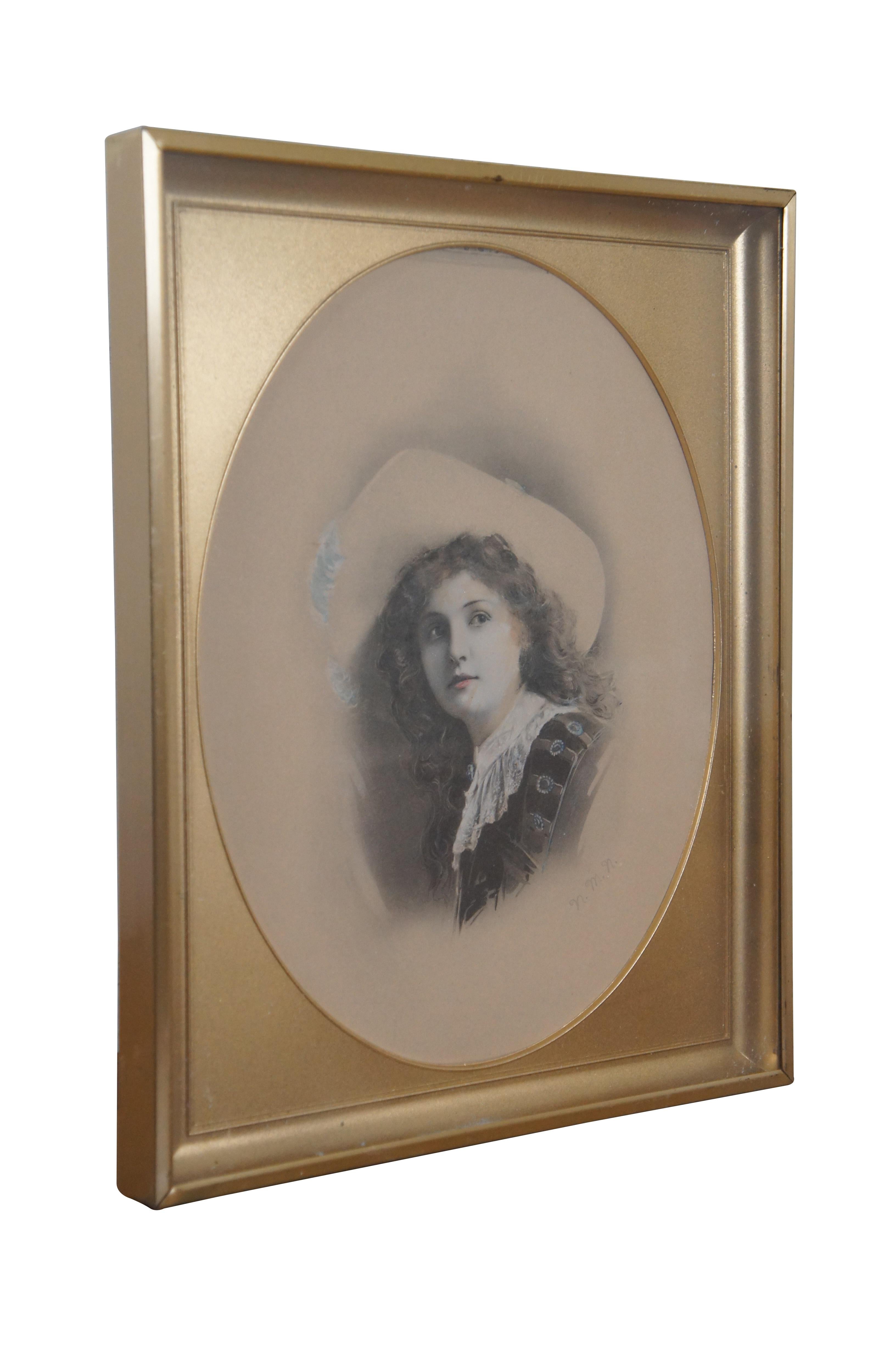 Antique Victorian Hand Colored Portrait of a Girl Wearing Hat Lithograph Print 1 In Good Condition In Dayton, OH