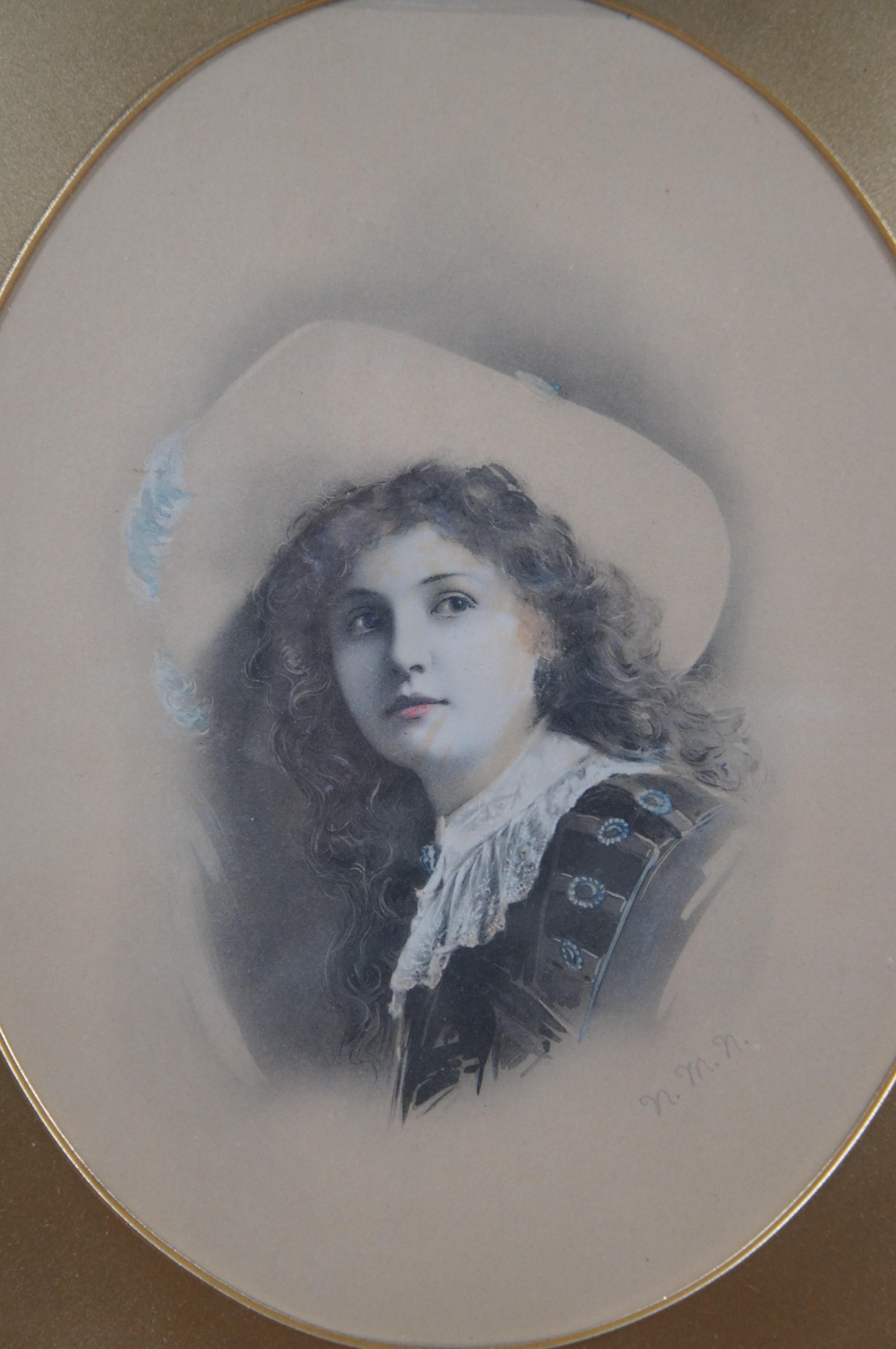 Antique Victorian Hand Colored Portrait of a Girl Wearing Hat Lithograph Print 1 1