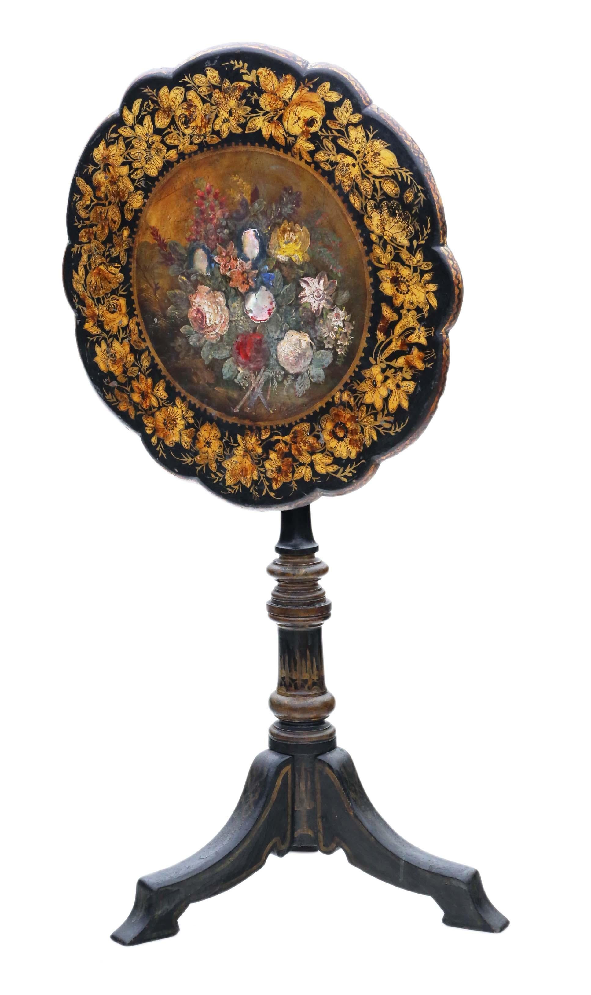 Antique quality Victorian 19th century hand decorated papier mache tilt top tea, side, supper, wine or occasional table.

This is a lovely table, that is full of age, charm and character.

Rare and attractive.

The table has no loose joints,
