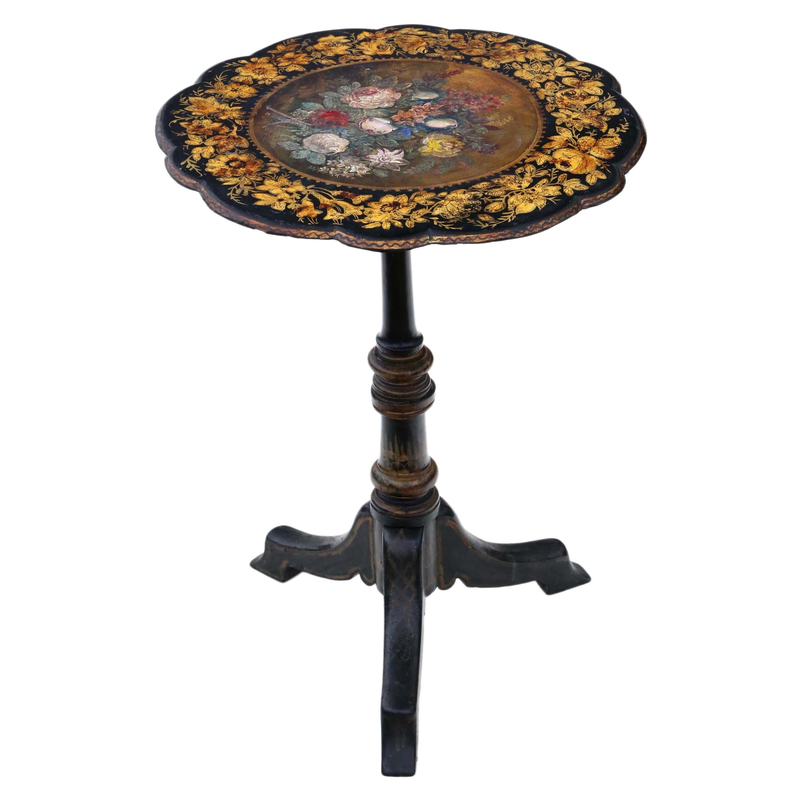 Ancienne table à thé et à vin victorienne décorée à la main en papier mâché avec plateau basculant, de style victorien
