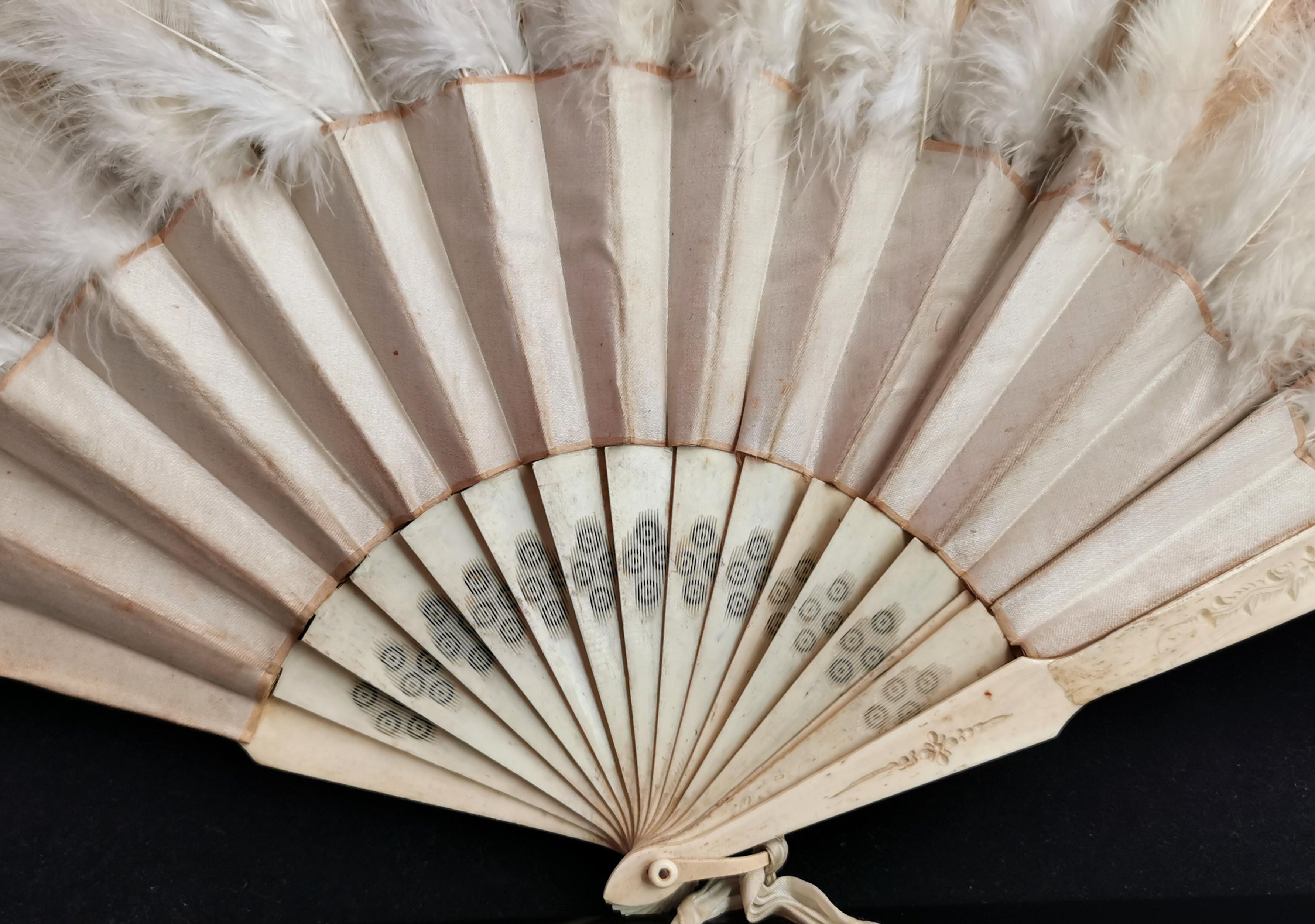 Antique Victorian hand fan, bone, silk and feather  2