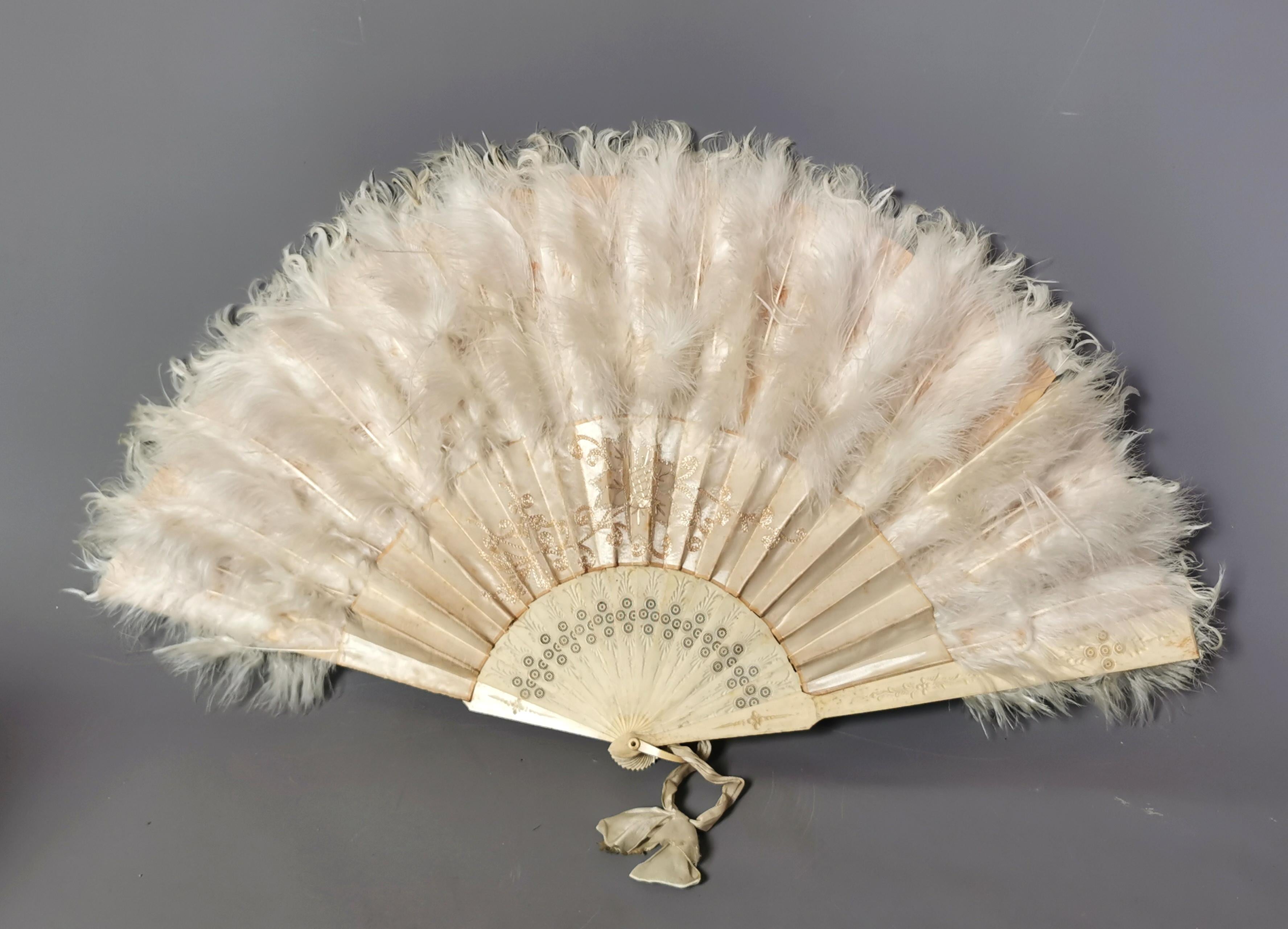 Antique Victorian hand fan, bone, silk and feather  5