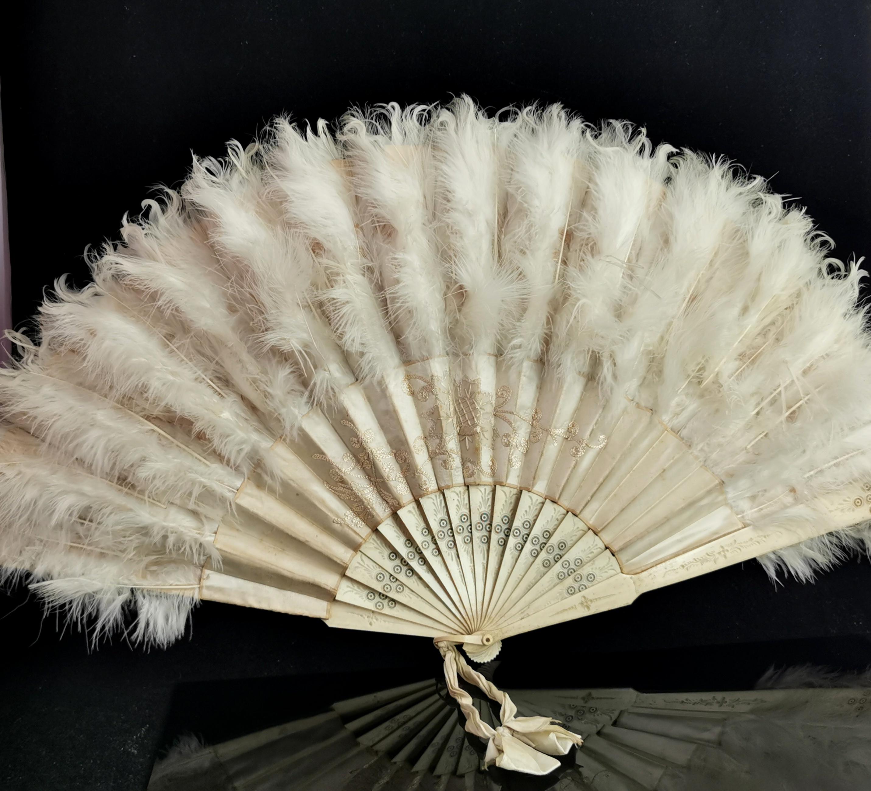 A stunning antique Victorian hand fan.

It is a large and elaborate fan with engraved and pierced bovine bone sticks and guards and is a folding fan.

The fan has a thistle floral embroidered silk base with the top being adorned with white feathers
