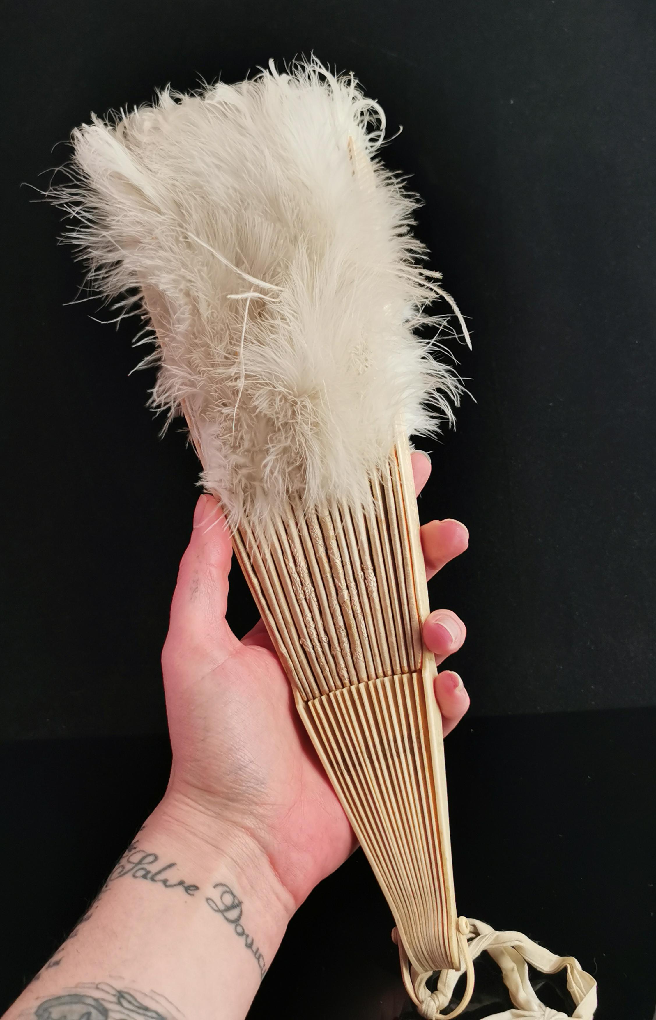 Antique Victorian hand fan, bone, silk and feather  1