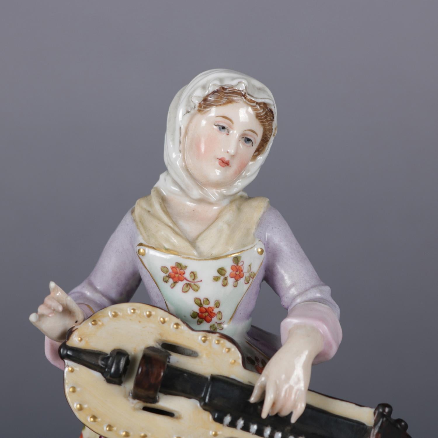 Antique Victorian Hand Painted and Gilt Chelsea School Figure of Musician 1