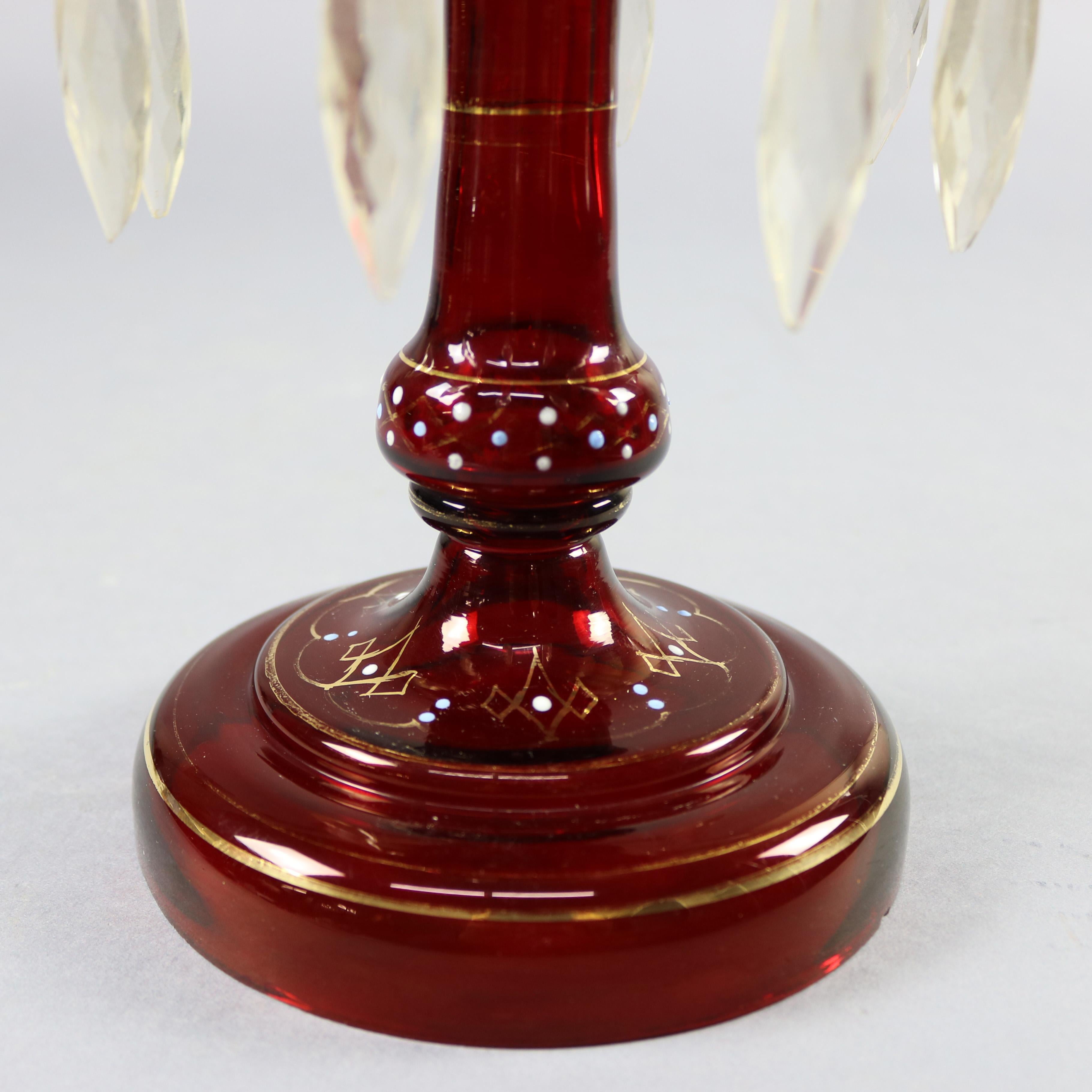 19th Century Antique Victorian Hand Painted Bohemian Cranberry Mantel Lusters, circa 1870