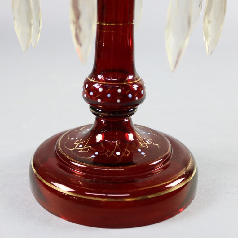 Antique Victorian Hand Painted Bohemian Cranberry Mantel Lusters, circa