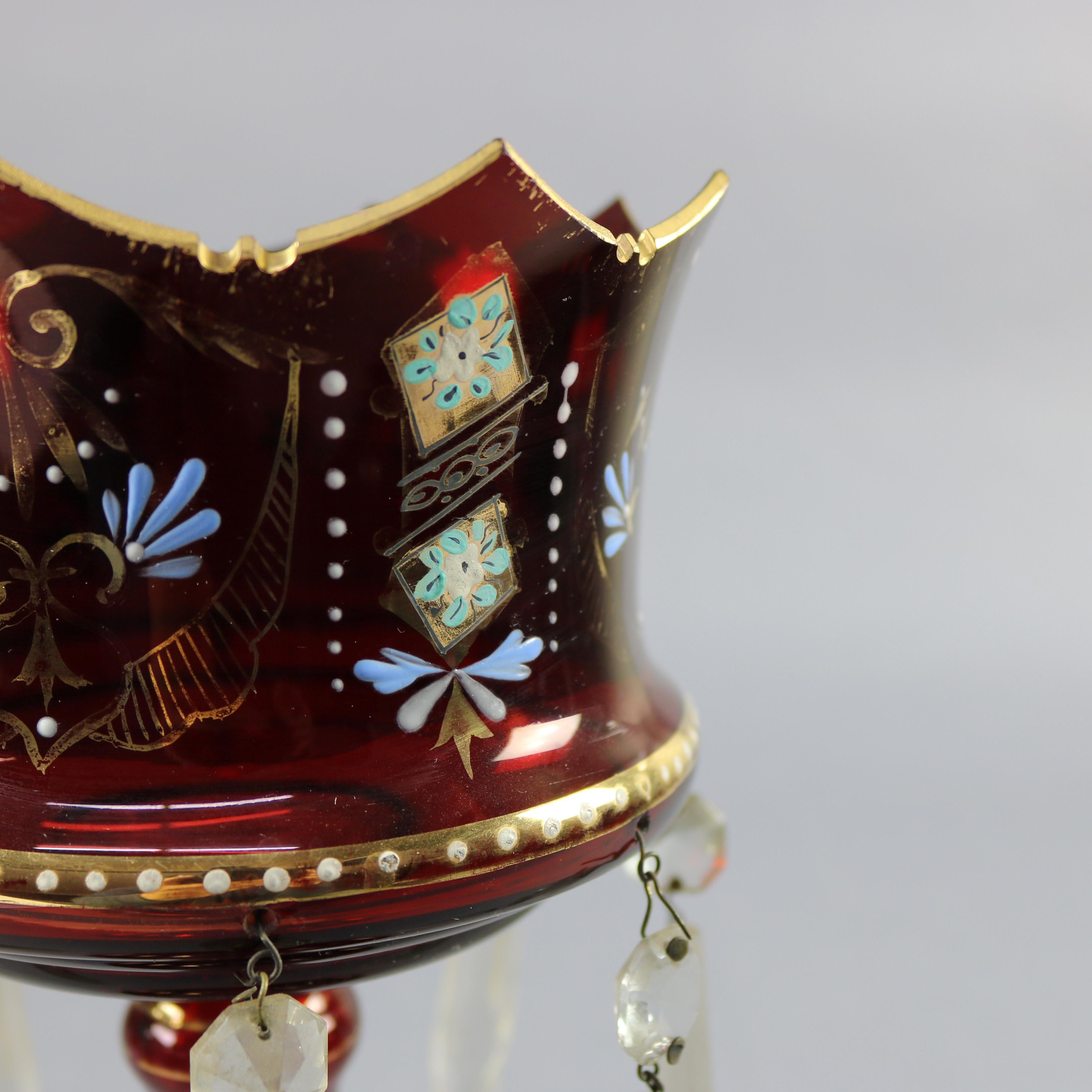 Crystal Antique Victorian Hand Painted Bohemian Cranberry Mantel Lusters, circa 1870