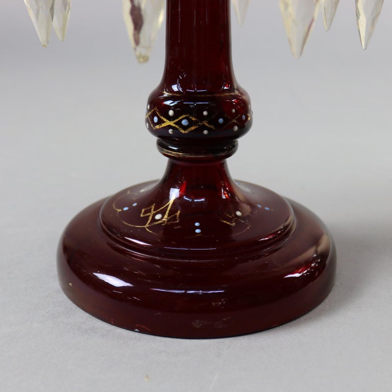 Antique Victorian Hand Painted Bohemian Cranberry Mantel Lusters, circa