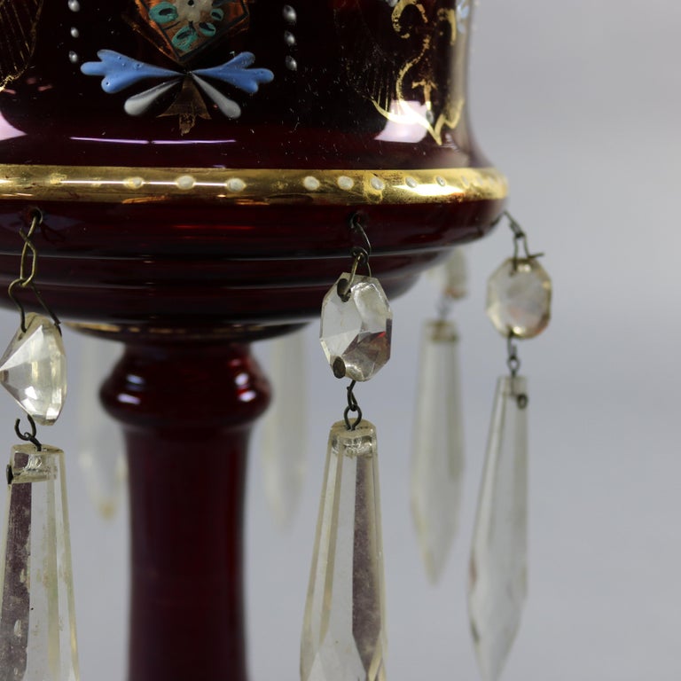 Antique Victorian Hand Painted Bohemian Cranberry Mantel Lusters, circa