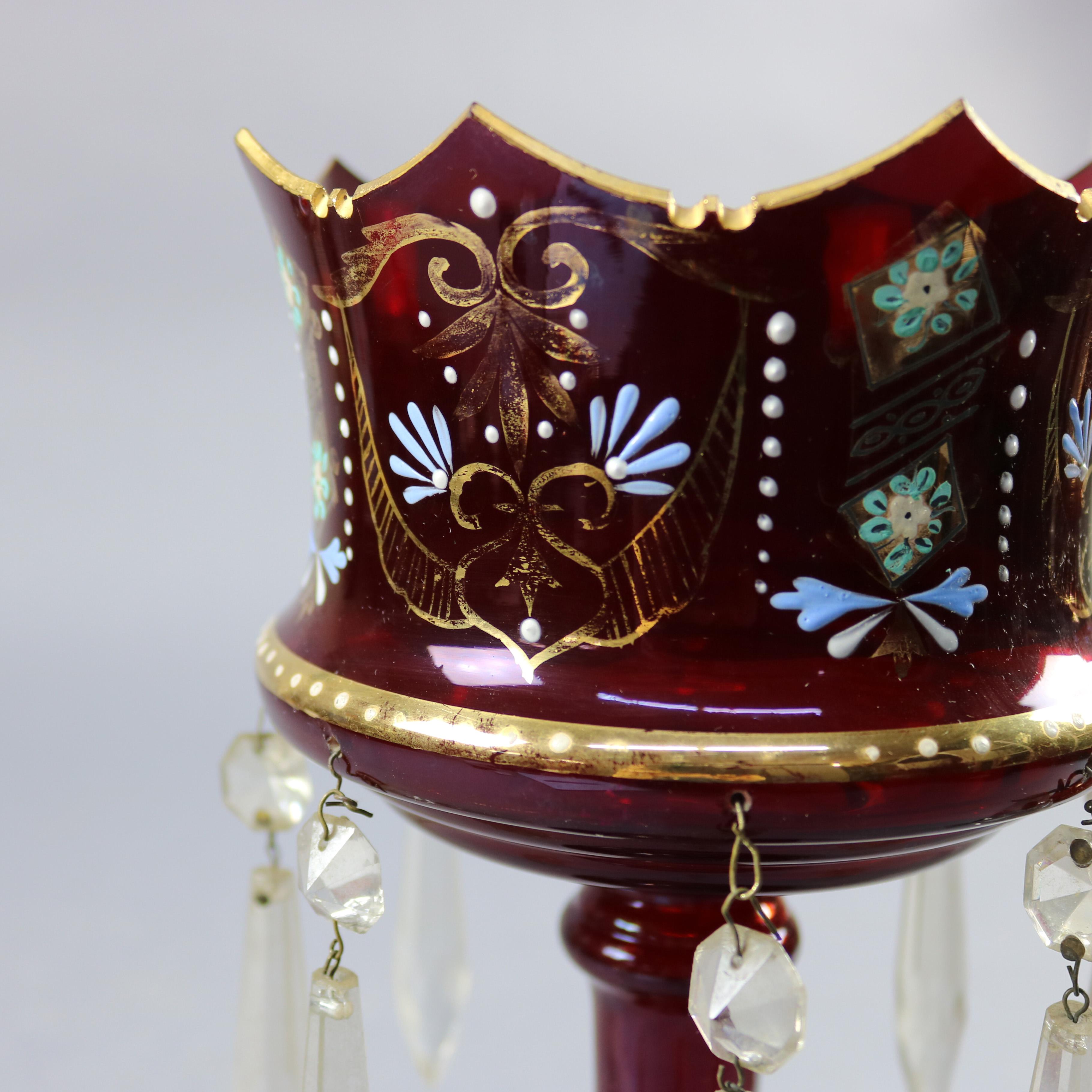 High Victorian Antique Victorian Hand Painted Bohemian Cranberry Mantel Lusters, circa 1870