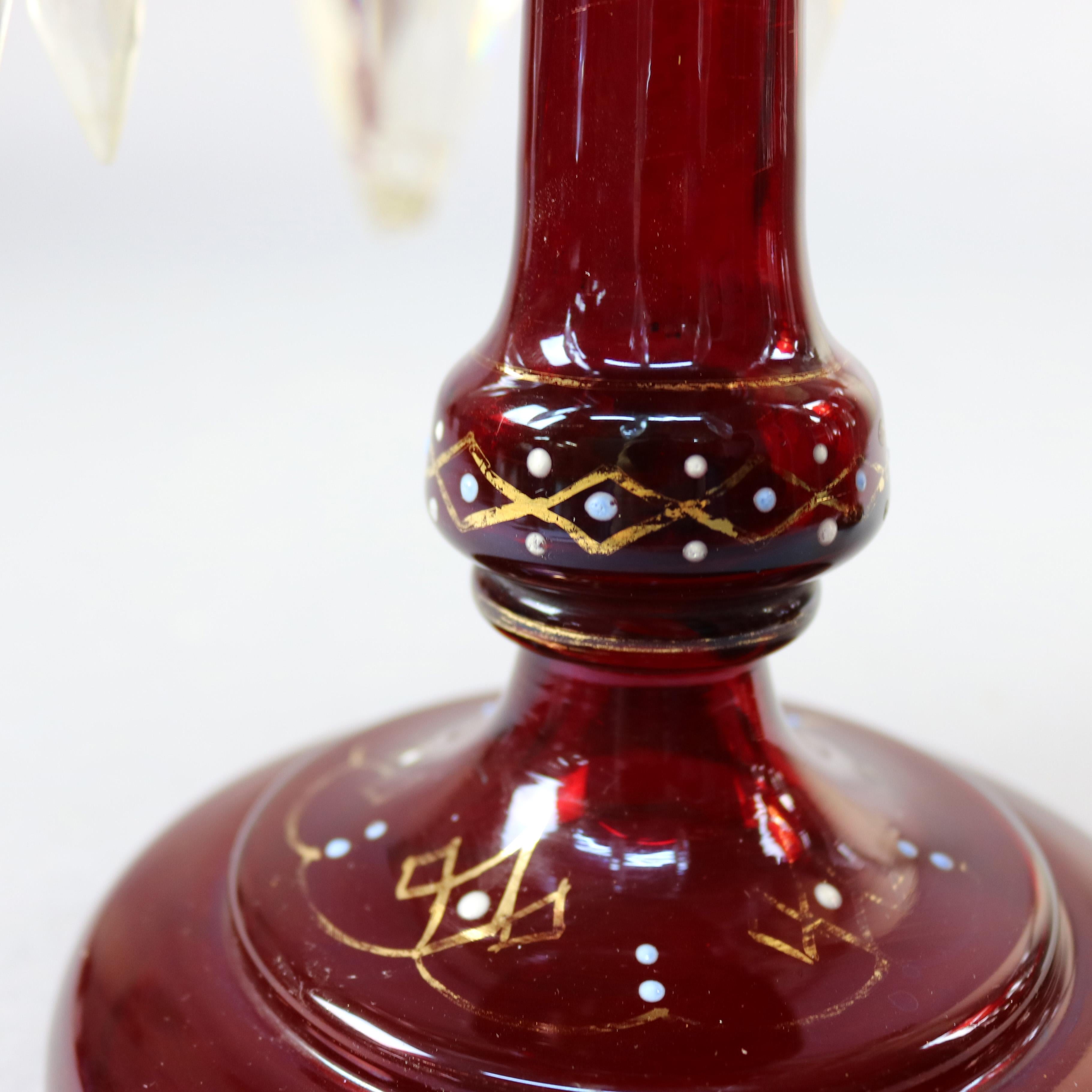 French Antique Victorian Hand Painted Bohemian Cranberry Mantel Lusters, circa 1870