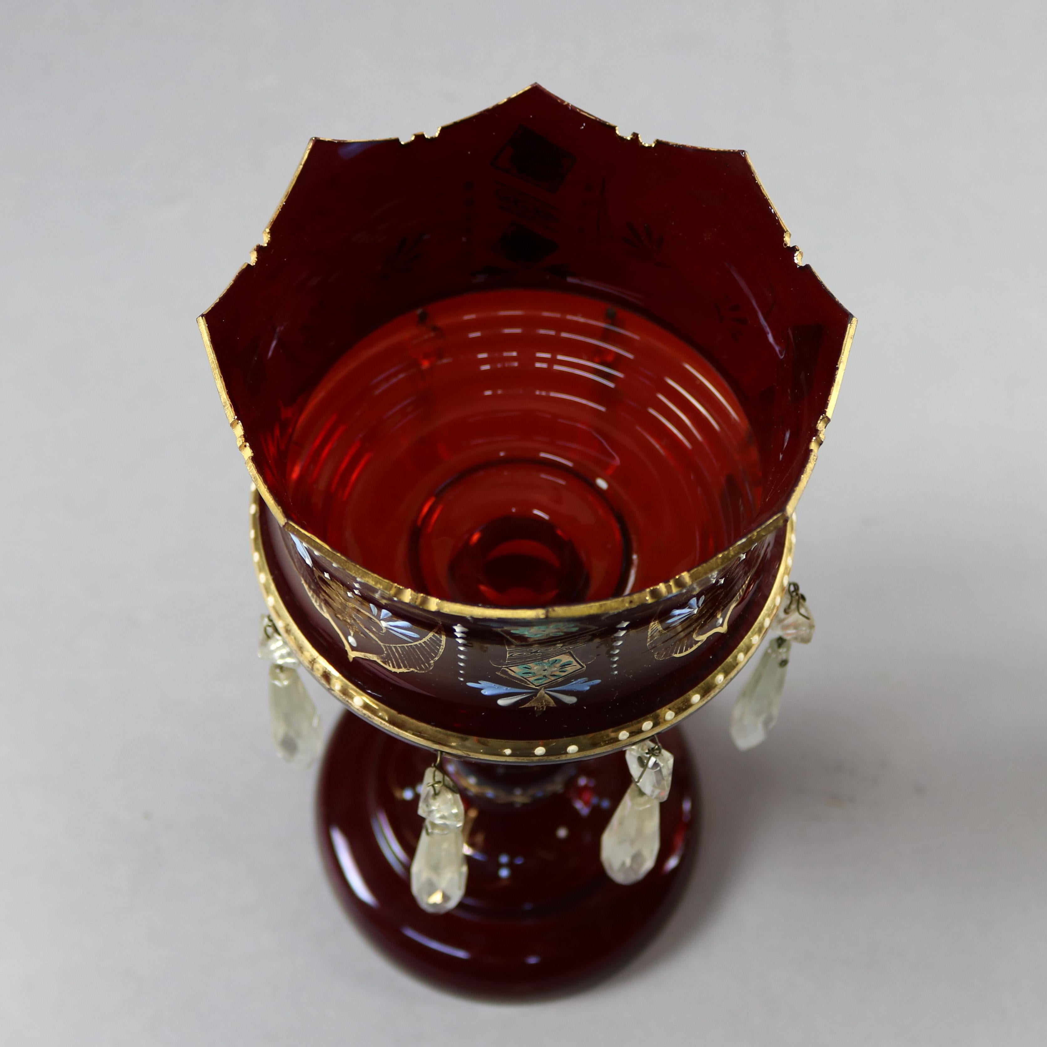 Gilt Antique Victorian Hand Painted Bohemian Cranberry Mantel Lusters, circa 1870