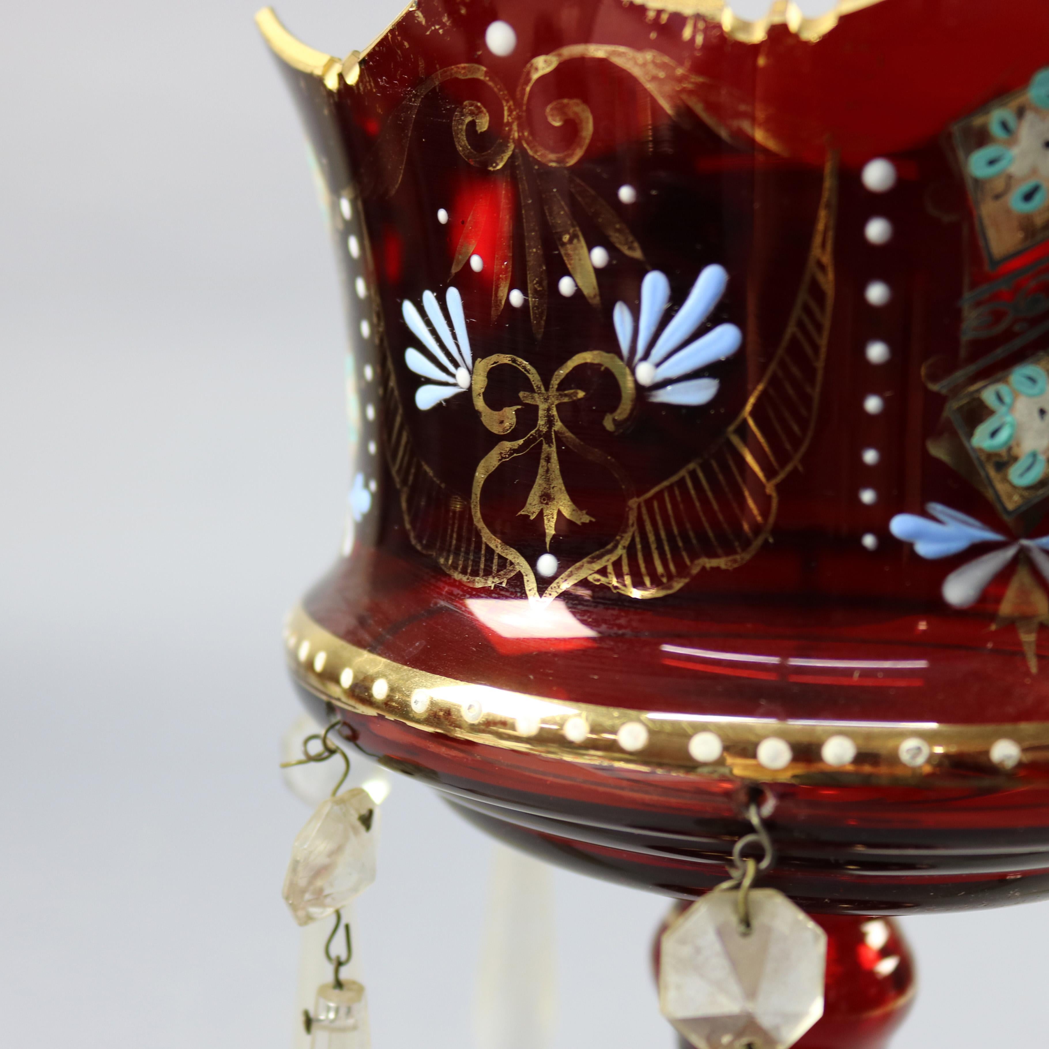 Antique Victorian Hand Painted Bohemian Cranberry Mantel Lusters, circa 1870 In Good Condition In Big Flats, NY
