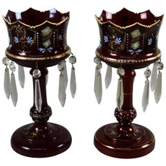 Antique Victorian Hand Painted Bohemian Cranberry Mantel Lusters, circa 1870