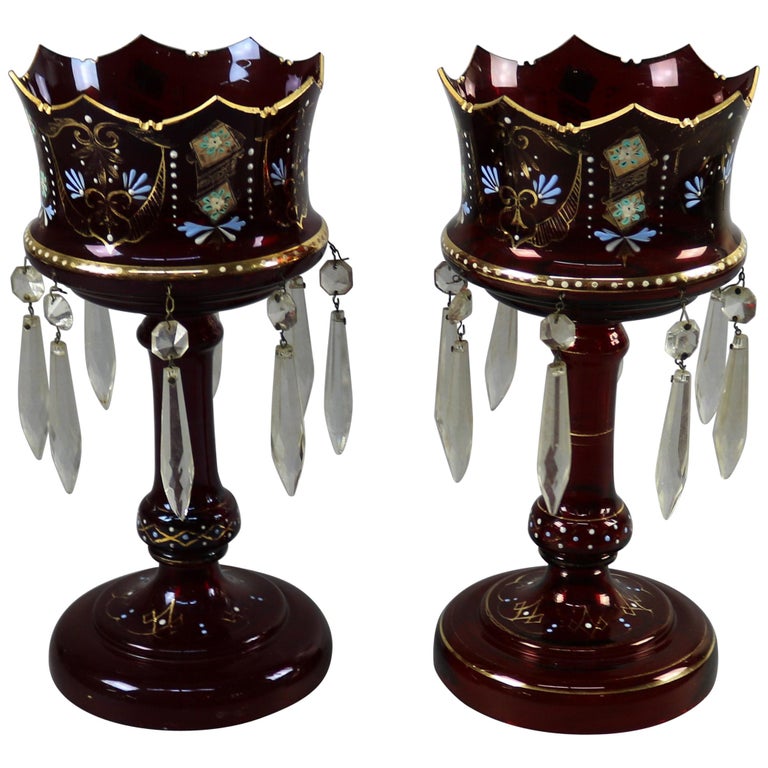 Antique Victorian Hand Painted Bohemian Cranberry Mantel Lusters, circa