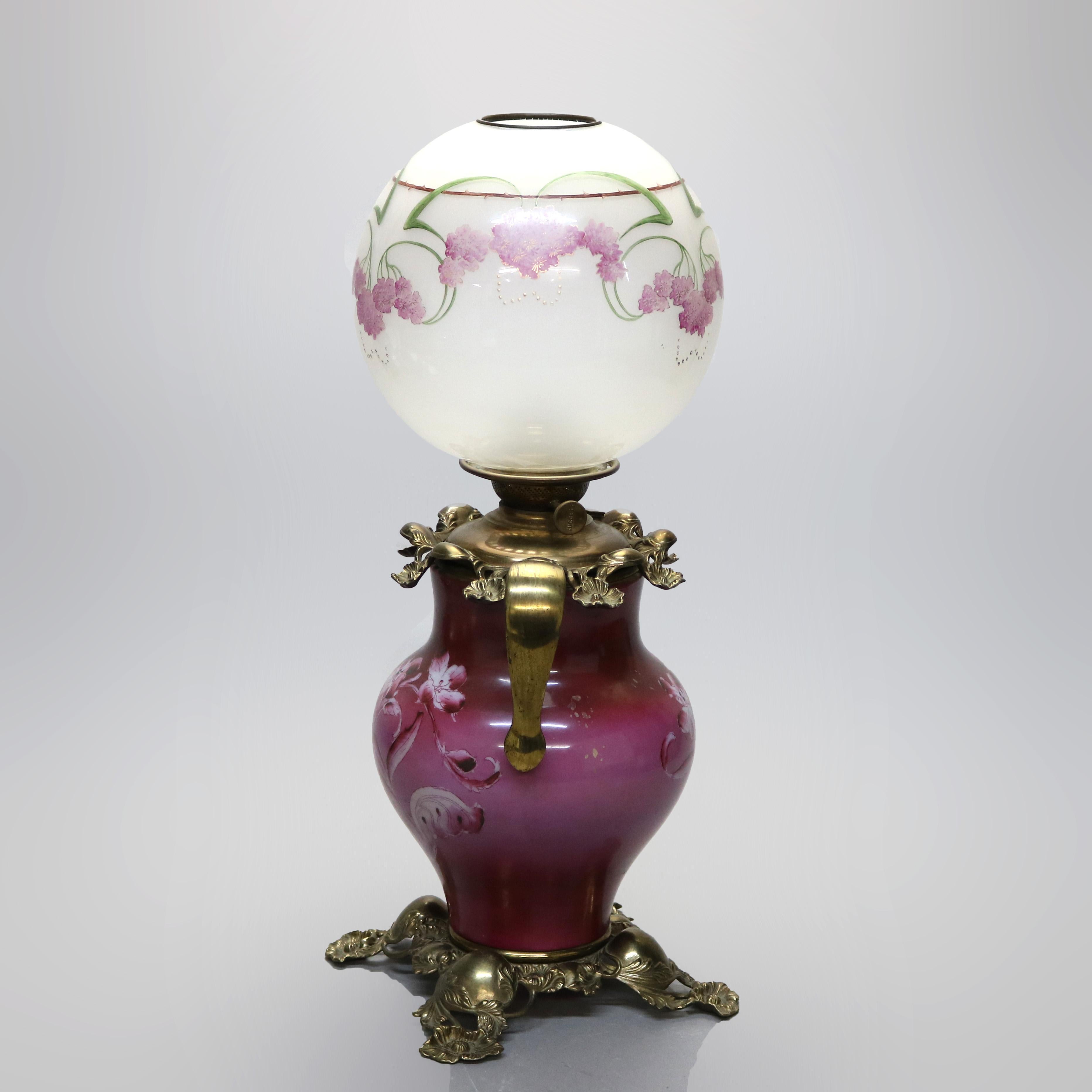American Antique Victorian Hand Painted Kerosene Lamp, Circa 1890