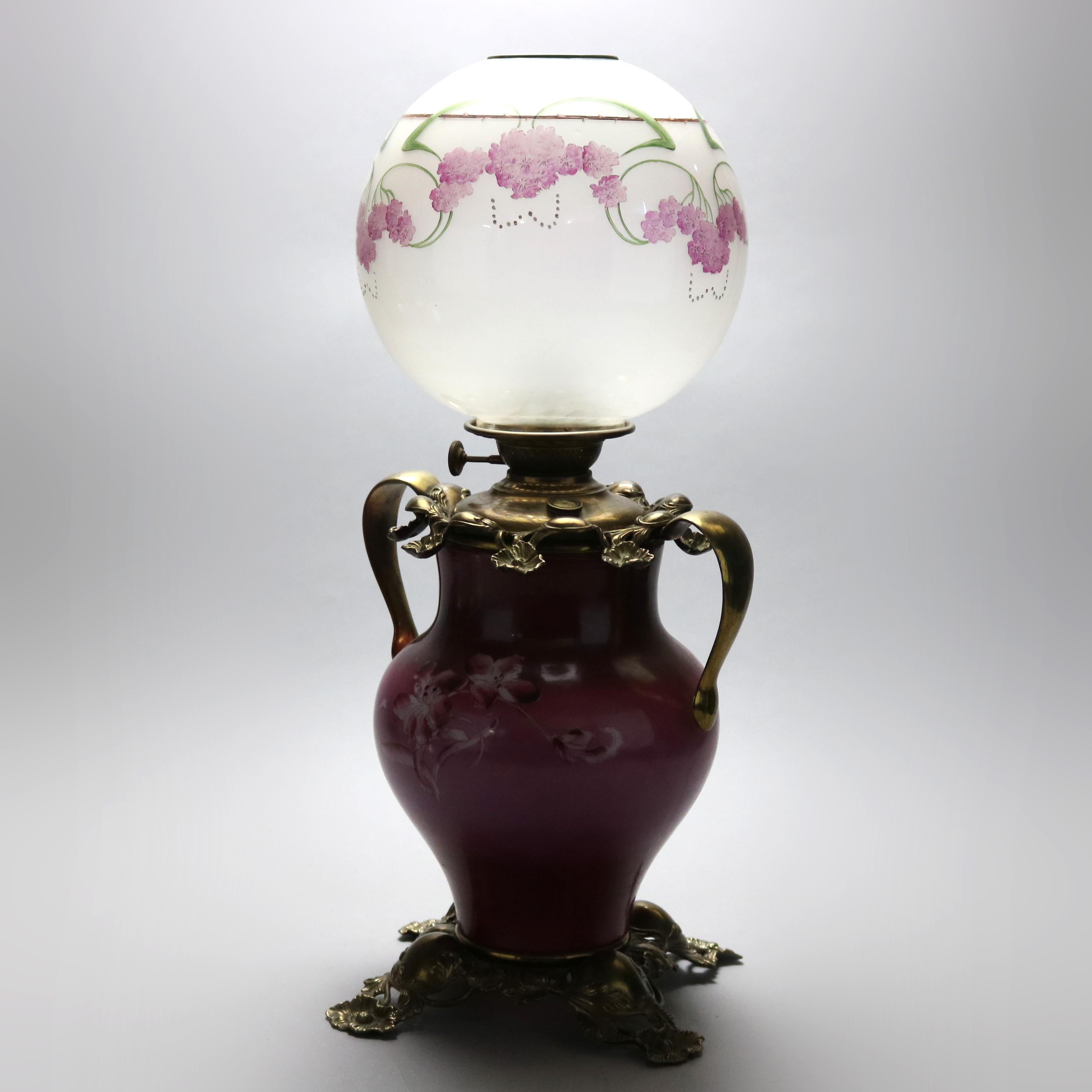 19th Century Antique Victorian Hand Painted Kerosene Lamp, Circa 1890