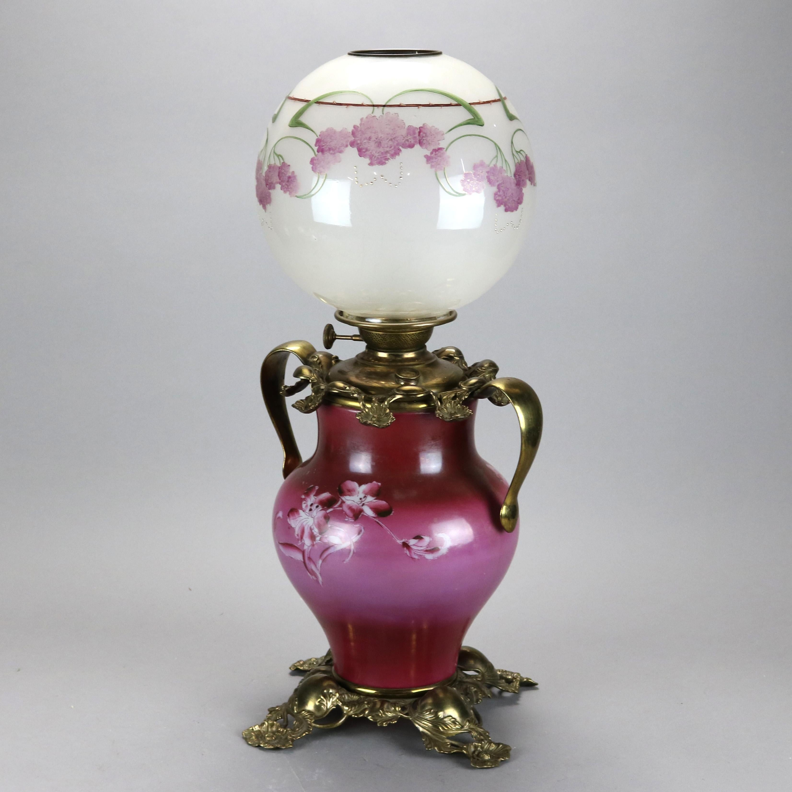 Glass Antique Victorian Hand Painted Kerosene Lamp, Circa 1890