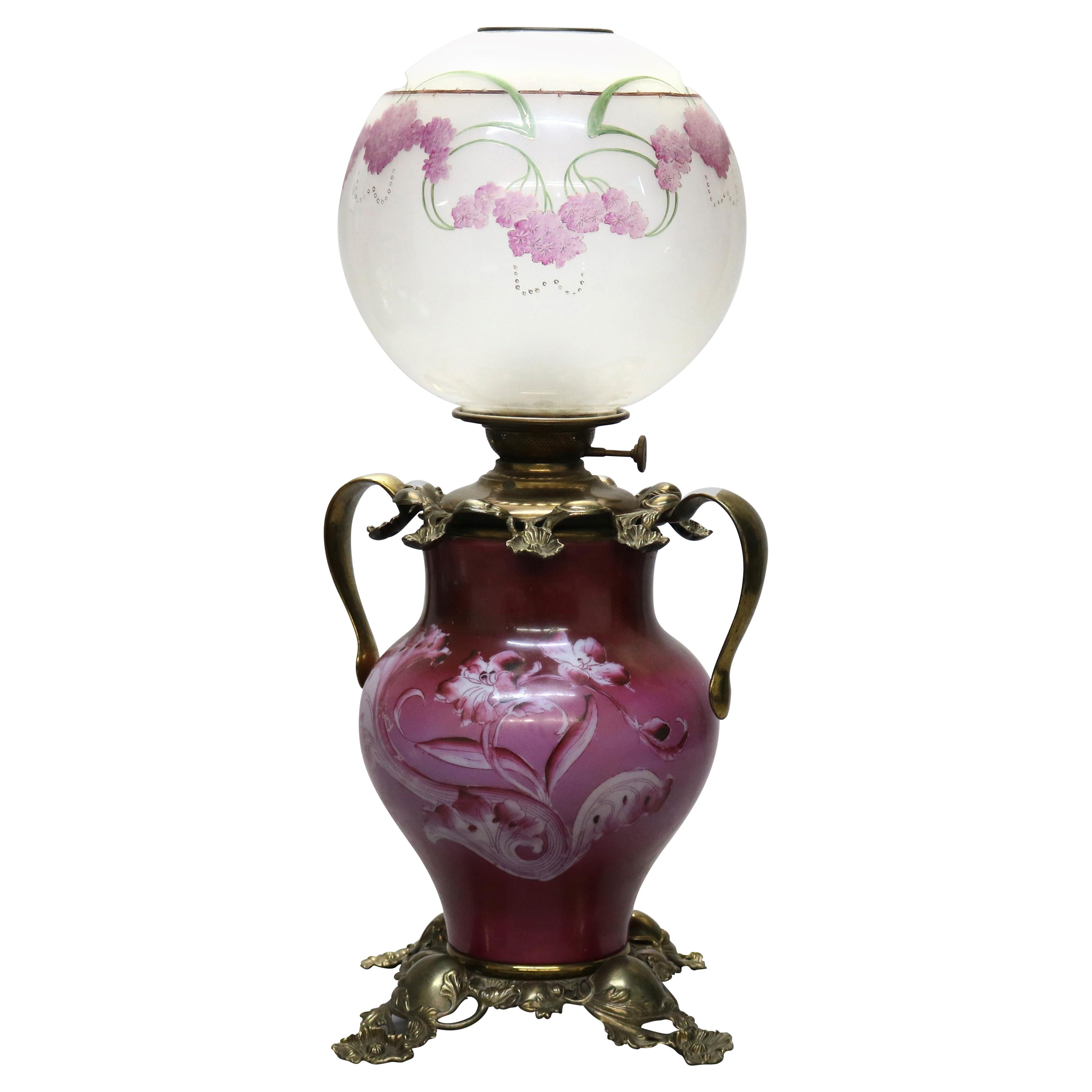 Antique Victorian Hand Painted Kerosene Lamp, Circa 1890