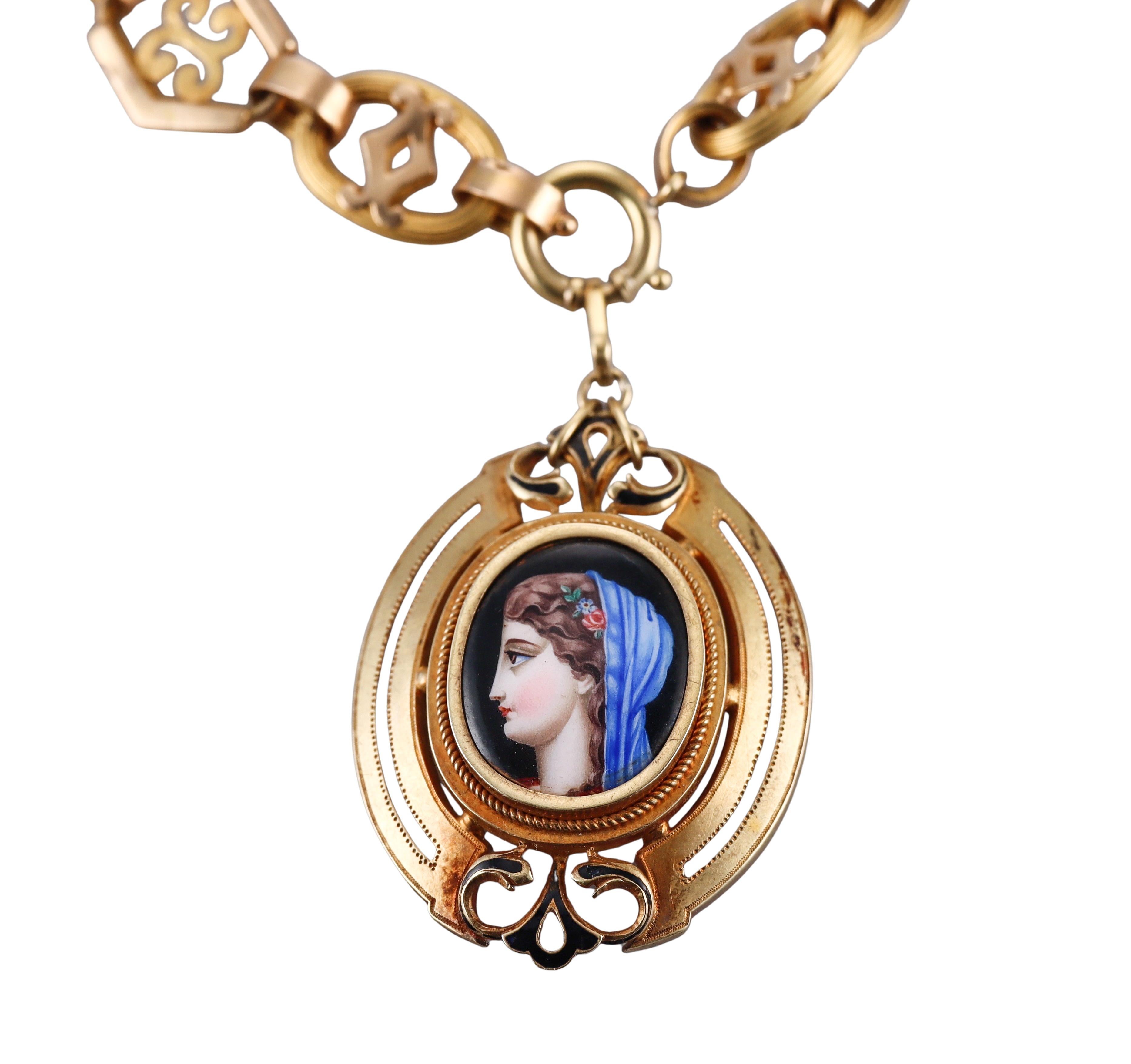 Antique Victorian Hand Painted Miniature Portrait Pendant Necklace In Good Condition For Sale In New York, NY
