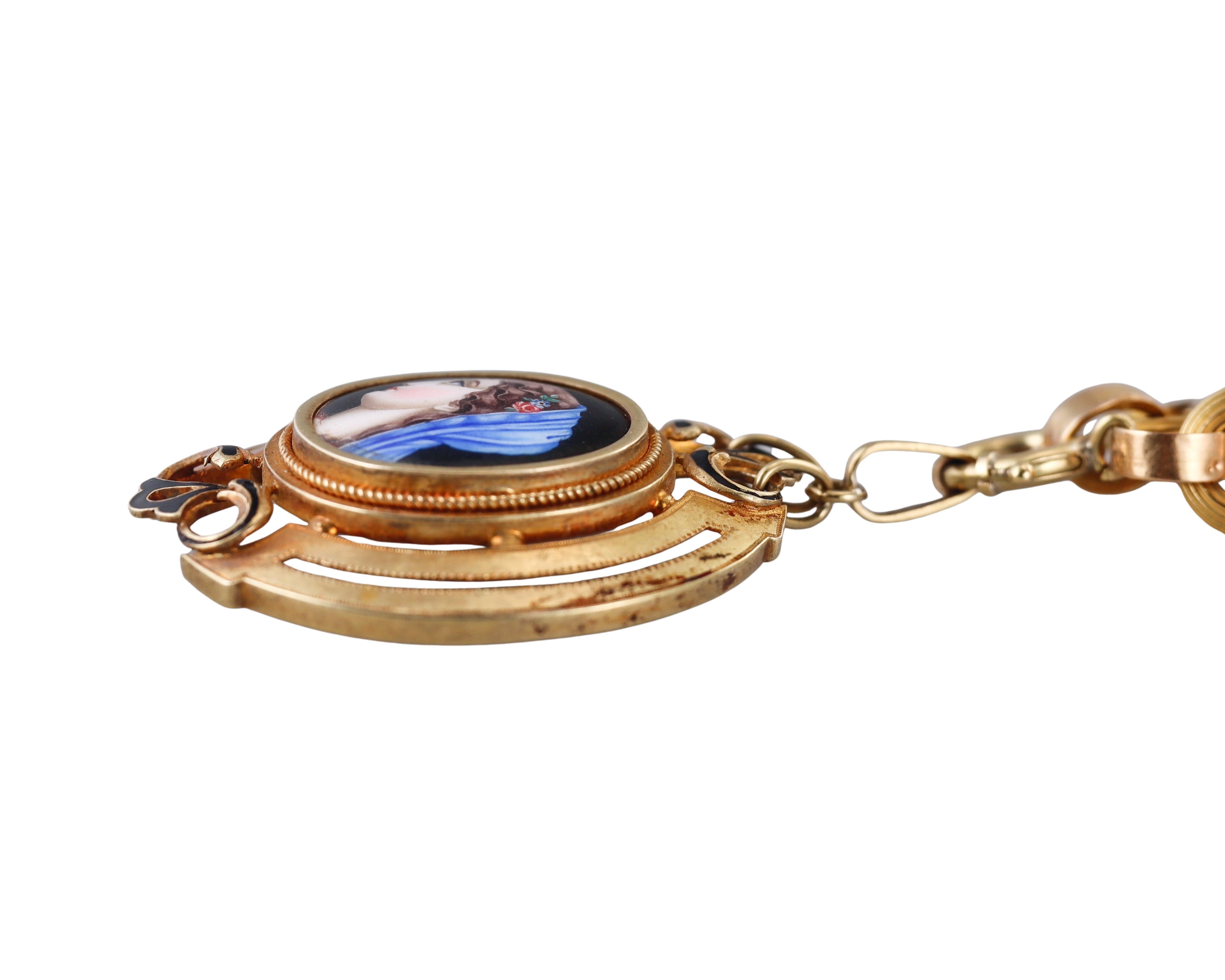 Antique Victorian Hand Painted Miniature Portrait Pendant Necklace For Sale 1