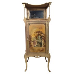Antique Victorian Hand-Painted Music Cabinet with Brass Gallery and Mirror