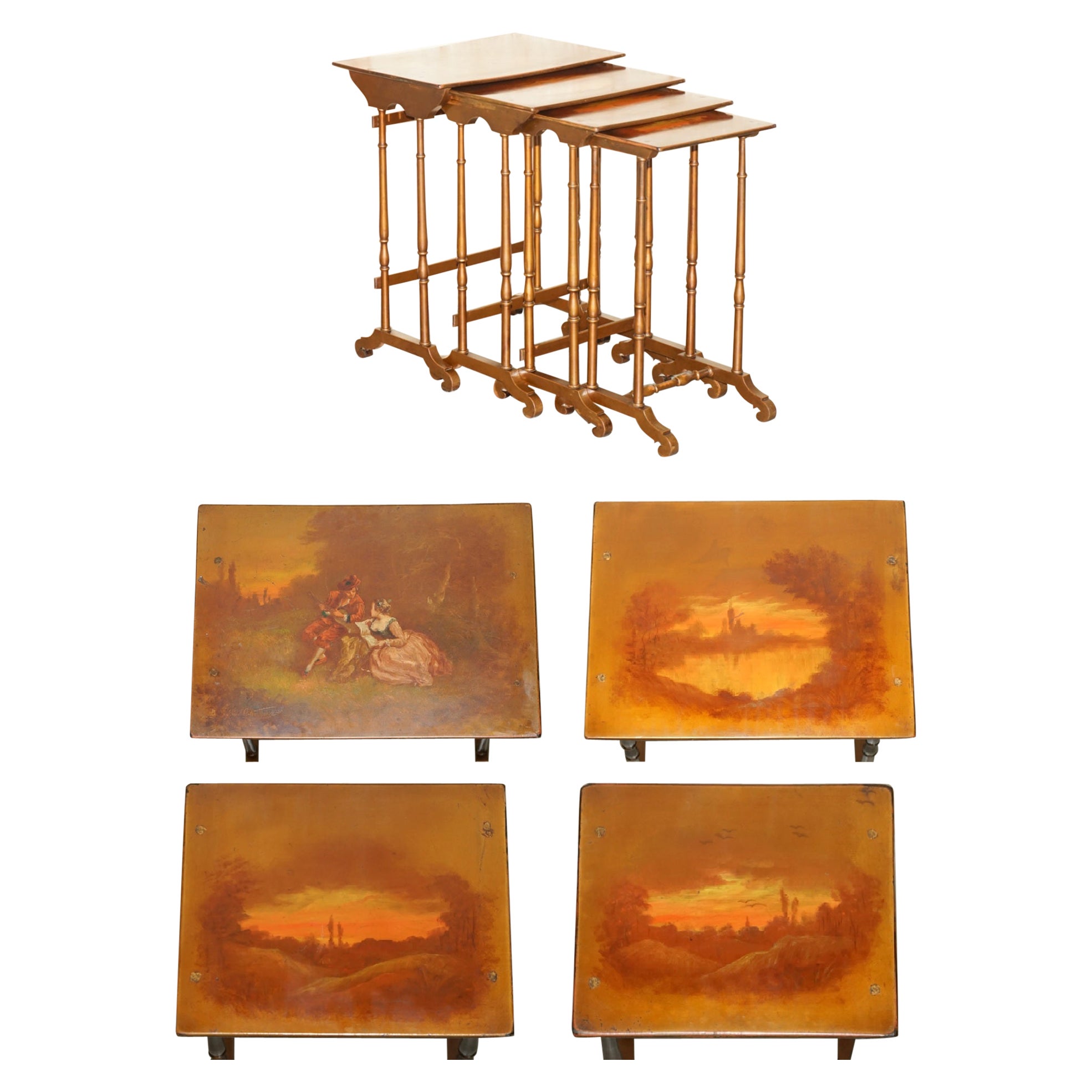 ANTIQUE ViCTORIAN HAND PAINTED NEST OF 4 TABLES DEPICTING ROMANTIC LOVERS SCENES im Angebot